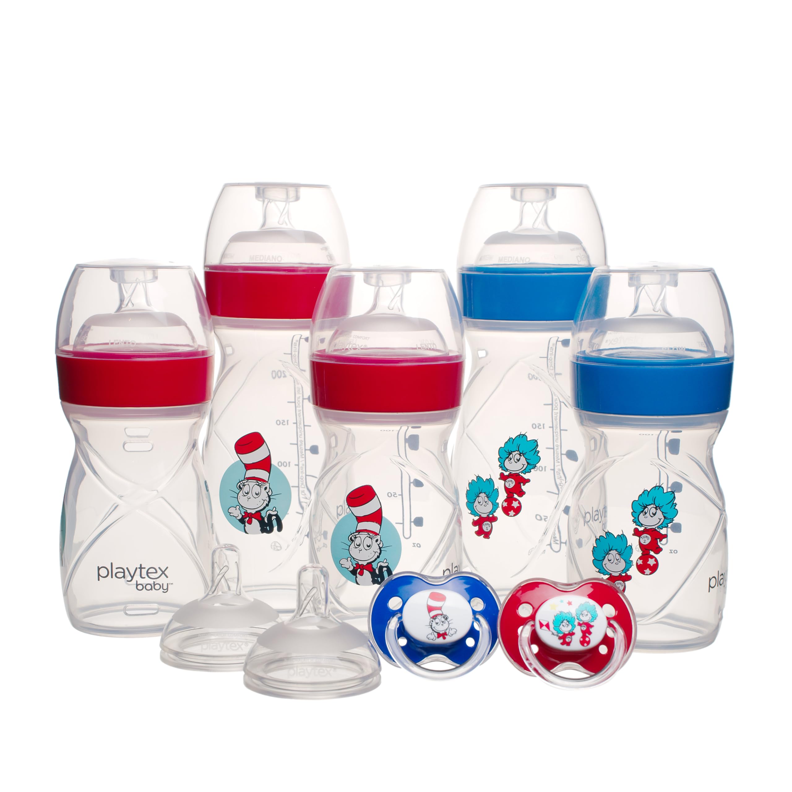 Playtex Baby Dr. Seuss Gift Set - 2 Pacifiers, 3X 4oz & 2X 8oz Baby Bottles, 1 Cloth Bib, 2 Extra Nipples, 60 Disposable Drop-Ins Liners | Newborn Essentials for Feeding & Soothing | Perfect Baby Shower Gift & Travel Set