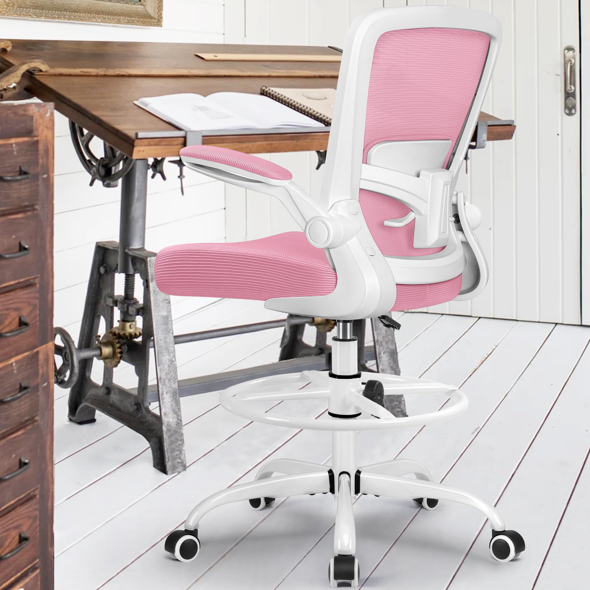 FelixKing Ergonomic Drafting Chair - Adjustable Height Office Chair with Breathable Mesh Back, Flip-Up Armrests & Lumbar Support - Comfortable High Back Executive Chair for Home Office, Computer Work & Architectural Drafting