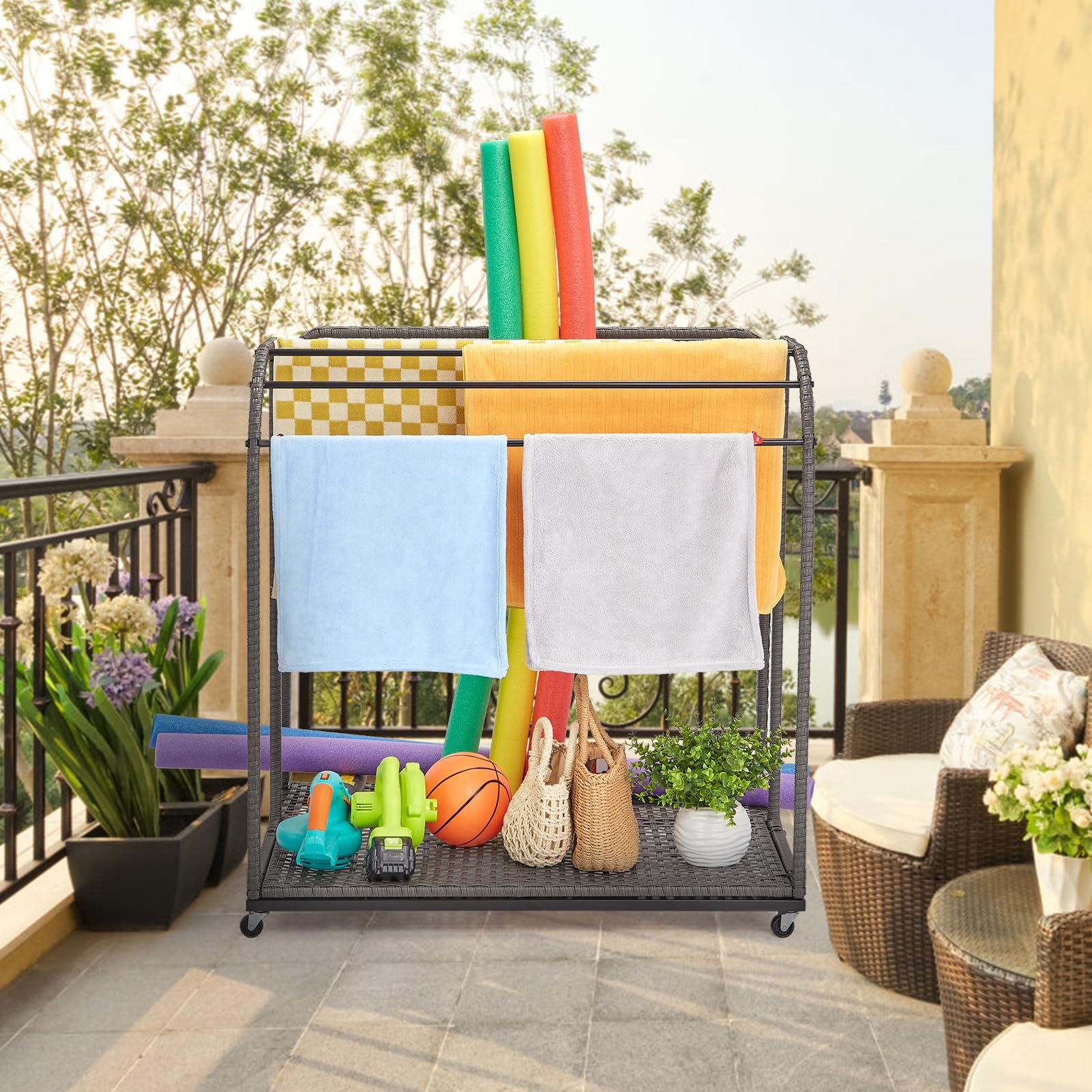 IdealHouse Freestanding Poolside Outdoor Storage Organizer with 5-Bar Towel Rack & Rattan Base - Perfect for Pool Toys, Floats, Noodles & Swimming Rings - Great for Patio, Backyard, Pool Area & Indoor Use