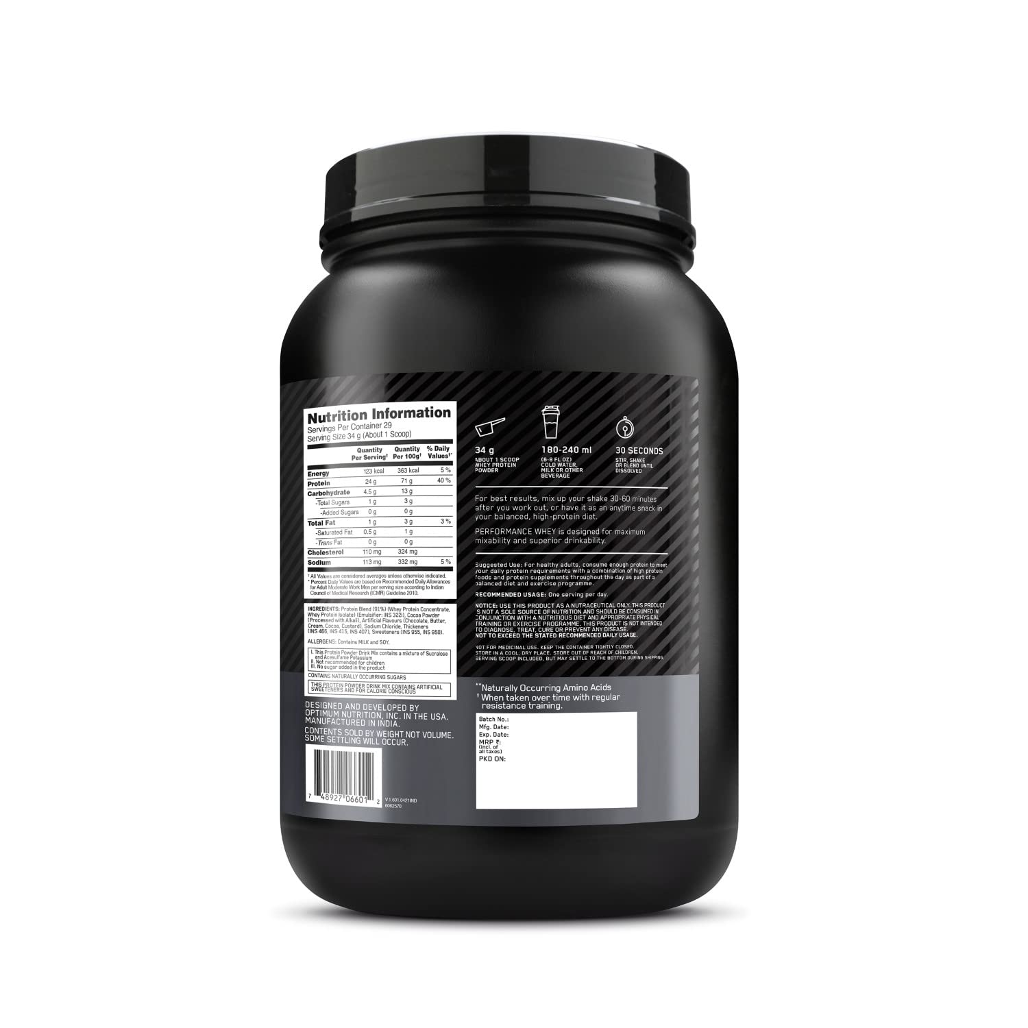 Optimum Nutrition Performance Whey Protein Powder - 24g Protein, 5g BCAA, Chocolate Flavor, 1kg for Muscle Recovery & Post-Workout - Ideal for Athletes, Gym Enthusiasts & Fitness Lovers