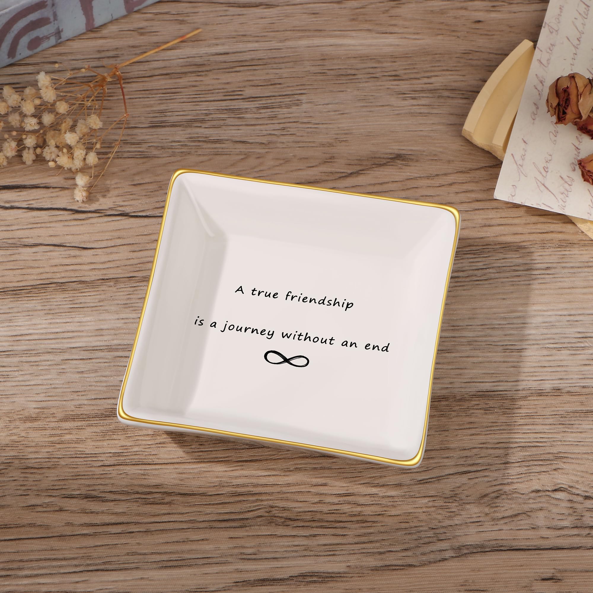 Ceramic Trinket Tray for Women - Friendship Gift Jewelry Dish with 'A True Friendship is A Journey Without End' Quote - Perfect for Birthday, Christmas, Home Decor & Encouragement Gifts | Jewelry Organizer, Ring Holder, Vanity Tray for Bedroom & Bathroom