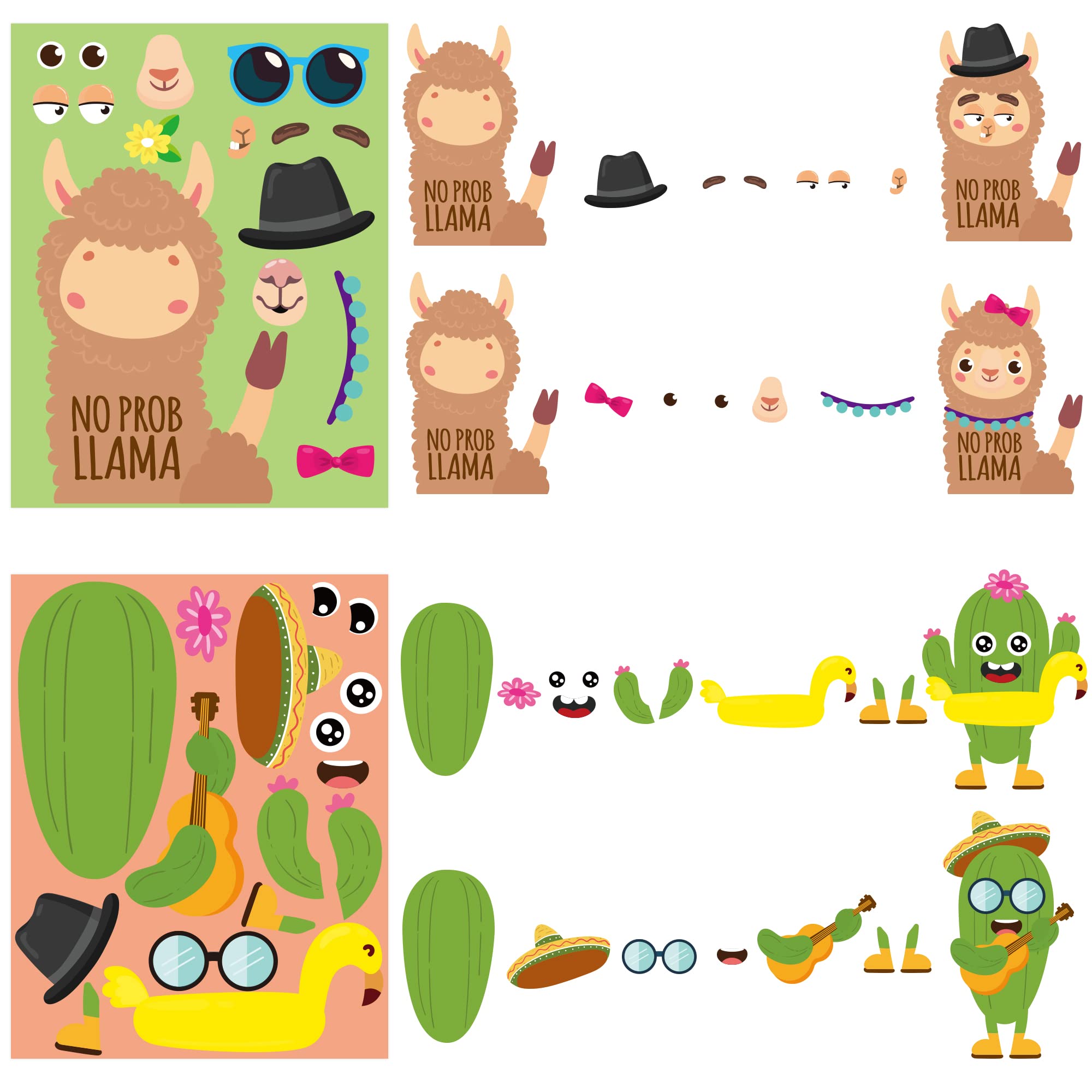 WATINC 36PCS DIY Llama Cactus Stickers Kit - Make a Face Animal Sticker Craft Game, Fun Art Cards for Kids, Perfect for School Goodie Bags, Party Favors, Fiesta Supplies & Mexican Themed Celebrations
