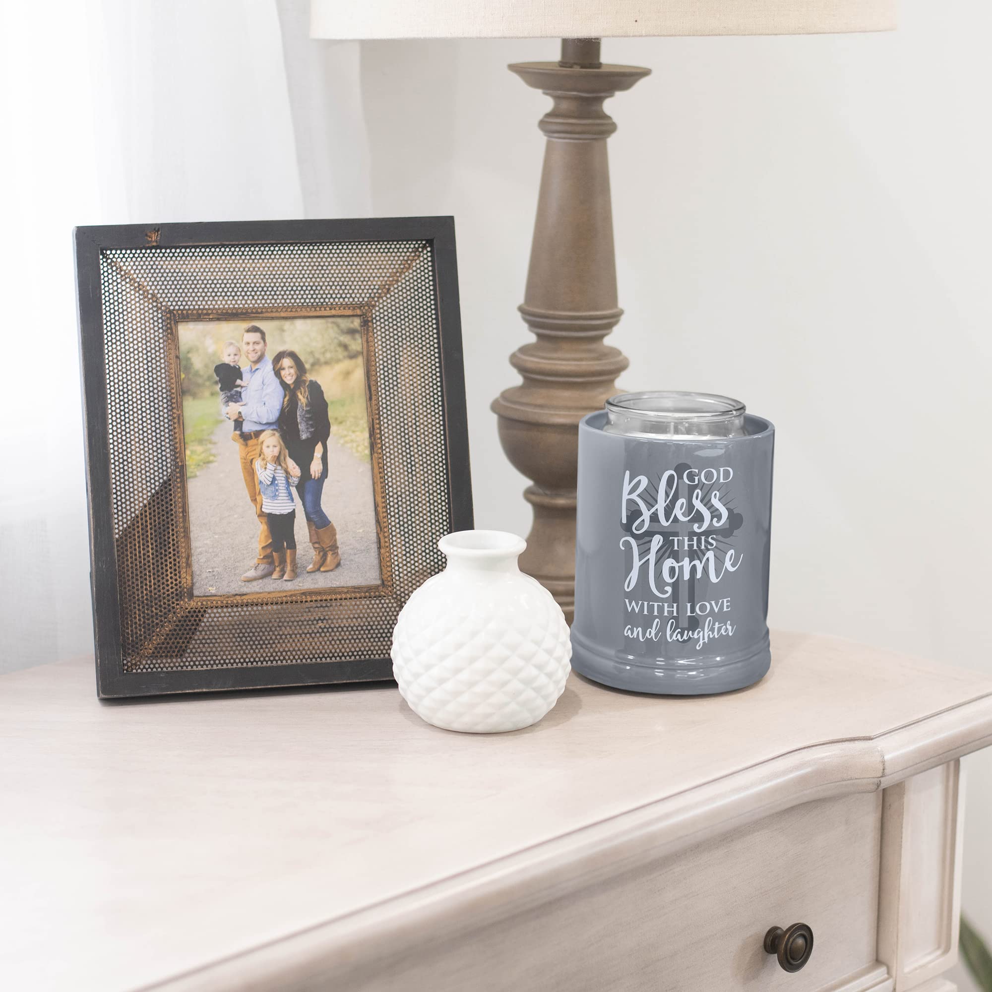 Elanze Designs God Bless This Home with Love Grey Stoneware Electric Jar Candle Warmer - Home Decor Gift for Housewarming, Wedding & Holiday Season | Perfect for Living Room, Bedroom & Office Ambiance
