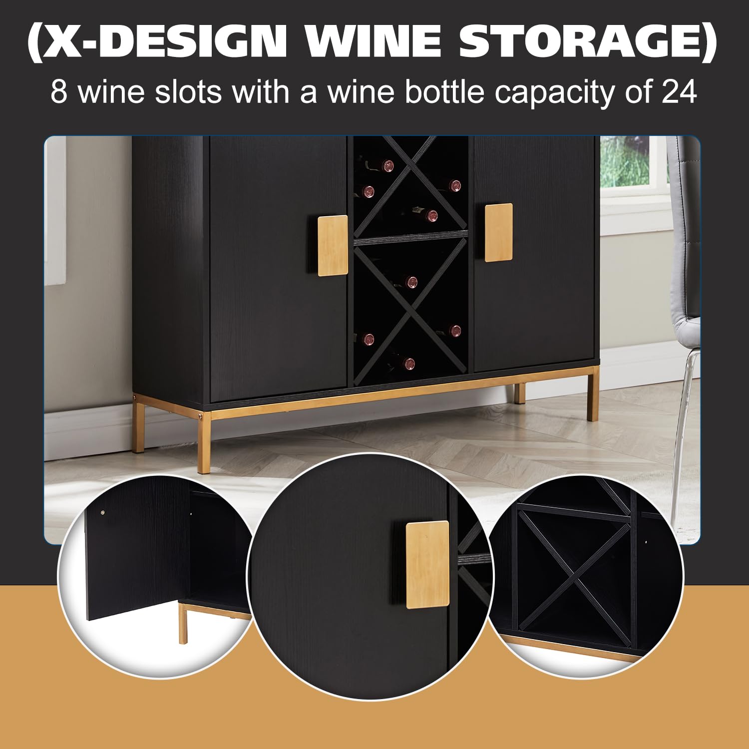 Kings Brand Furniture - Black Wine Liquor Bar Buffet Sideboard Cabinet with Wine Rack Storage for Kitchen & Dining Room | Perfect for Home Bar, Entertaining & Dining Room Organization