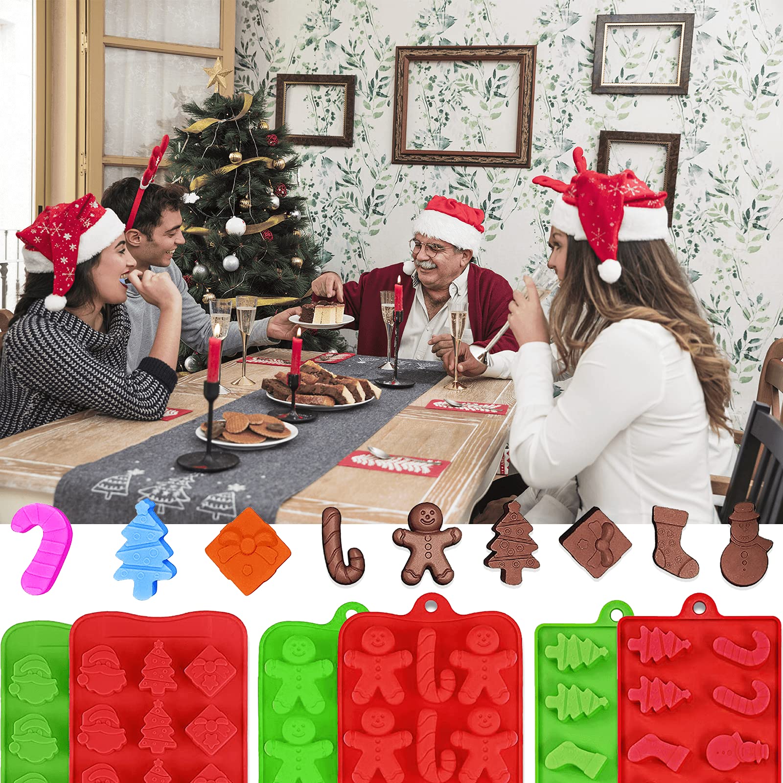 6Pcs Christmas Silicone Molds Set - Santa, Snowman, Tree, Gingerbread, Star & Candy Cane Shapes for Chocolate, Candy, Cake Toppers, Ice Cubes & Jello - Perfect for Holiday Baking, Party Decor & DIY Gifts