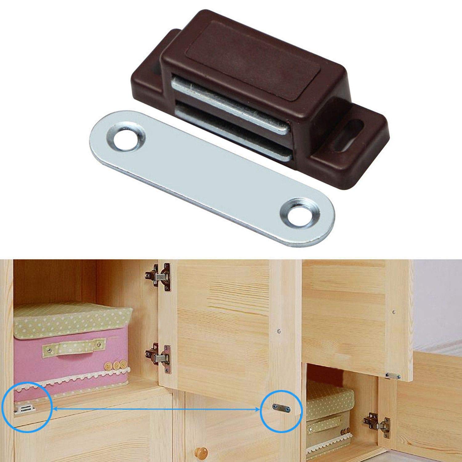 20 Pack Magnetic Cabinet Door Catches - Strong Magnetic Latch for Kitchen Cupboard, Wardrobe, Closet & Drawer (Brown) | Secure Closure Solution for Smooth & Quiet Cabinet Doors