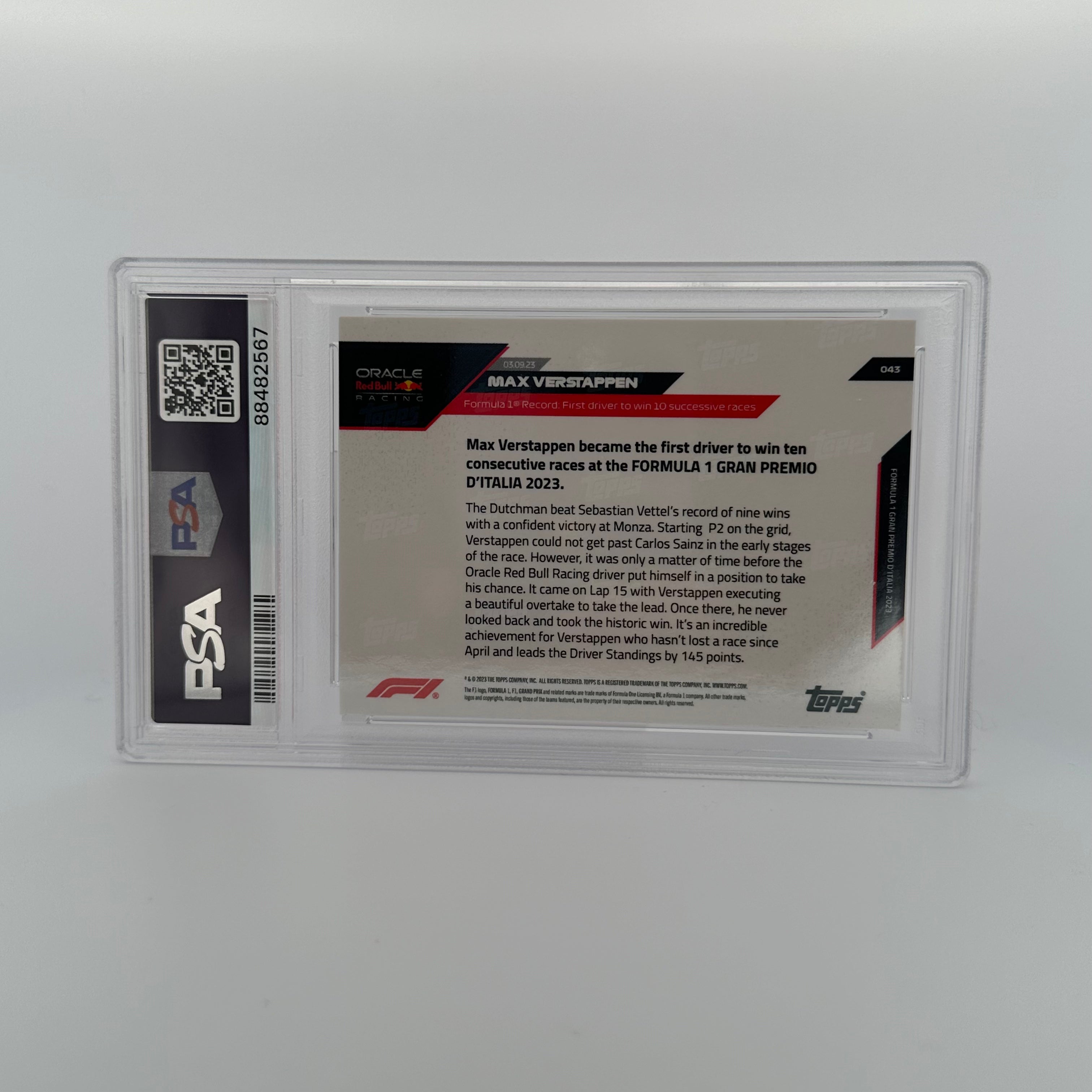 PSA 9 Graded 1994 Max Verstappen #43 Red Bull Racing Rookie Card - Perfect for F1 Collectors, Sports Memorabilia Displays & Investment Portfolios