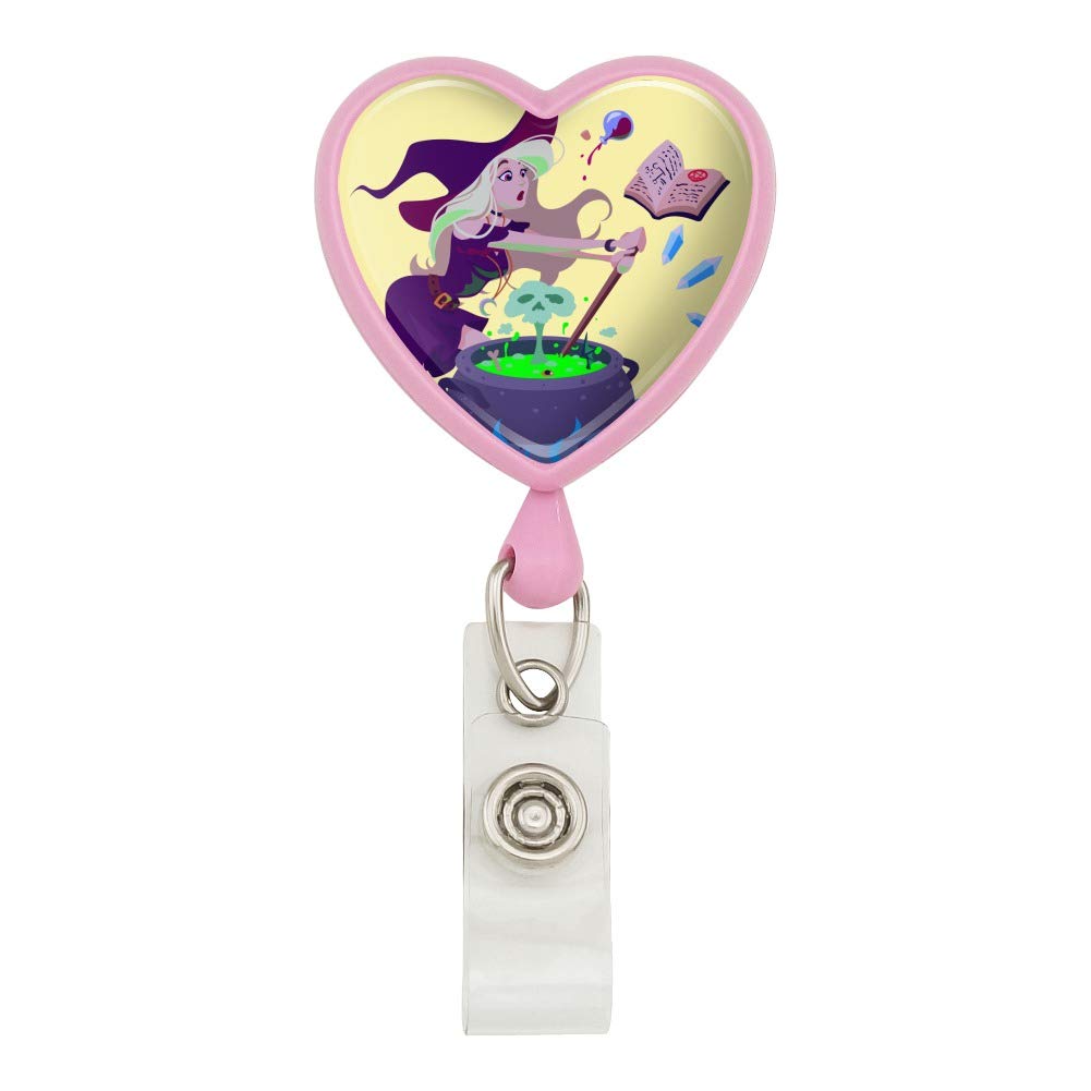 Little Witch Brewing Potions Heart Lanyard - Retractable Reel Badge Holder for ID Cards & Keys | Perfect for Cosplay, Halloween Costumes & Witch-Themed Events