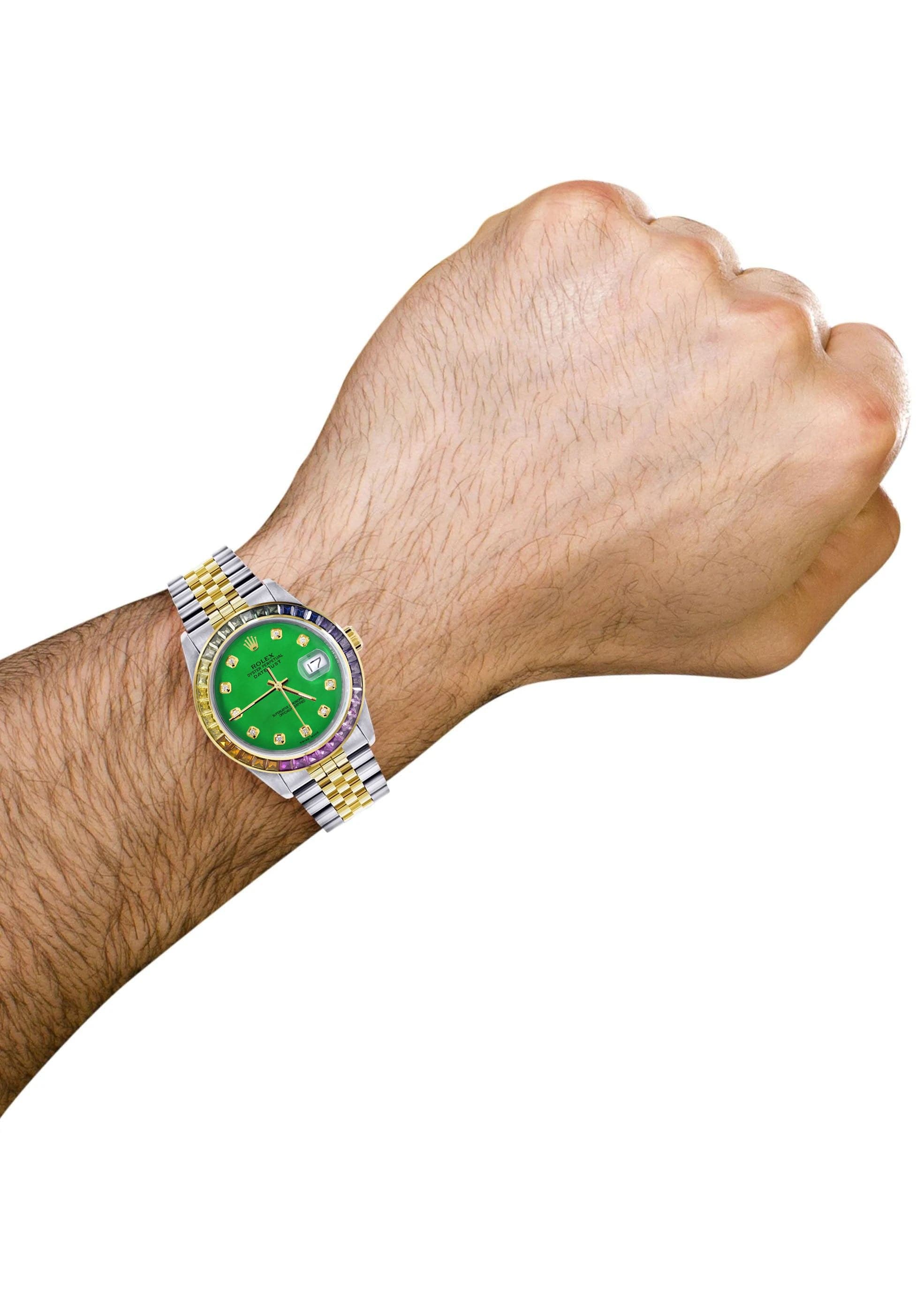 Luxury Diamond Gold Rolex Watch For Men 16233 | 36mm Rainbow Sapphire Bezel | Green Dial | Jubilee Band | Perfect for Formal Events & Business Meetings