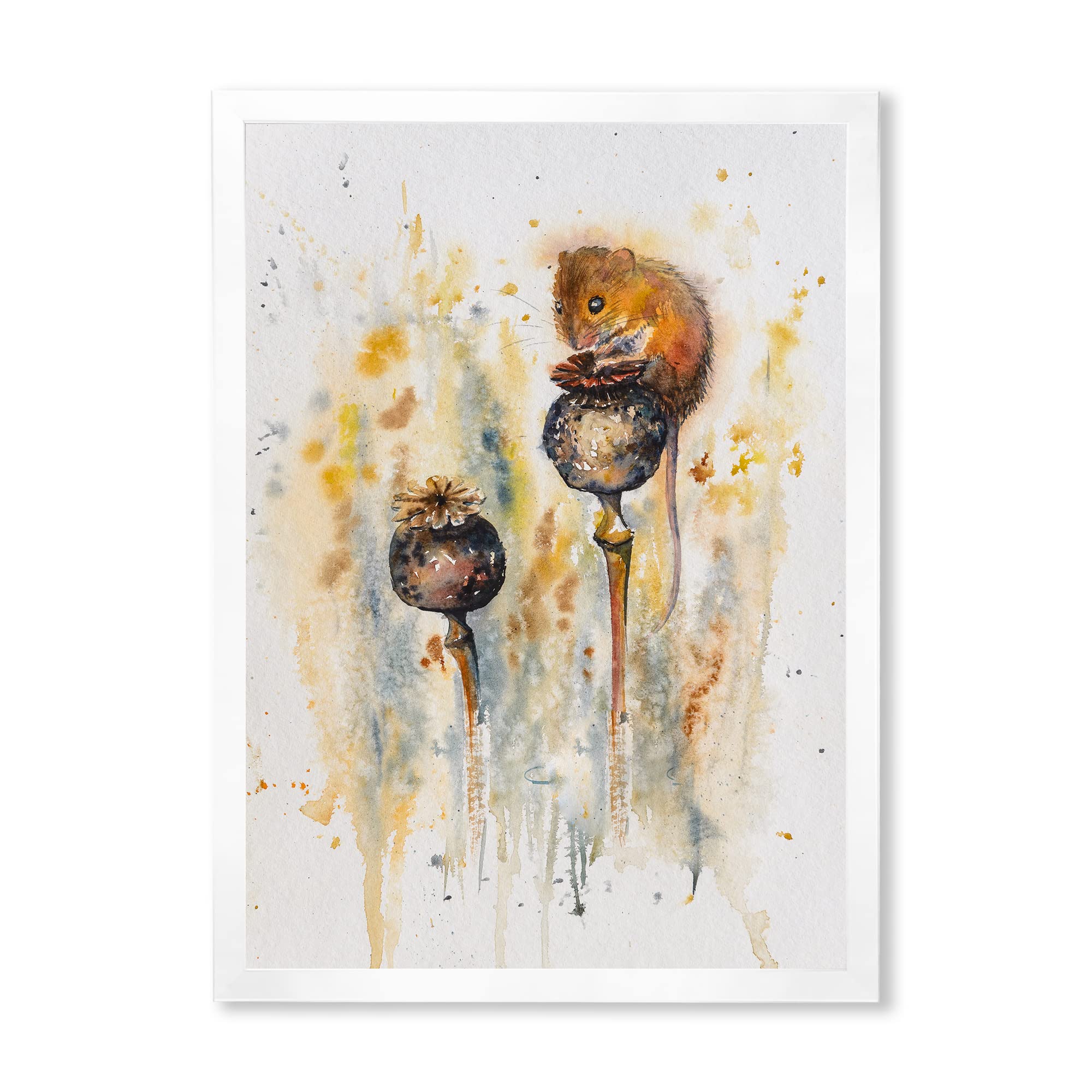 DesignQ Mouse Sitting On Poppies Traditional Framed Wall Art - Vintage Home Decor for Living Room, Bedroom & Office