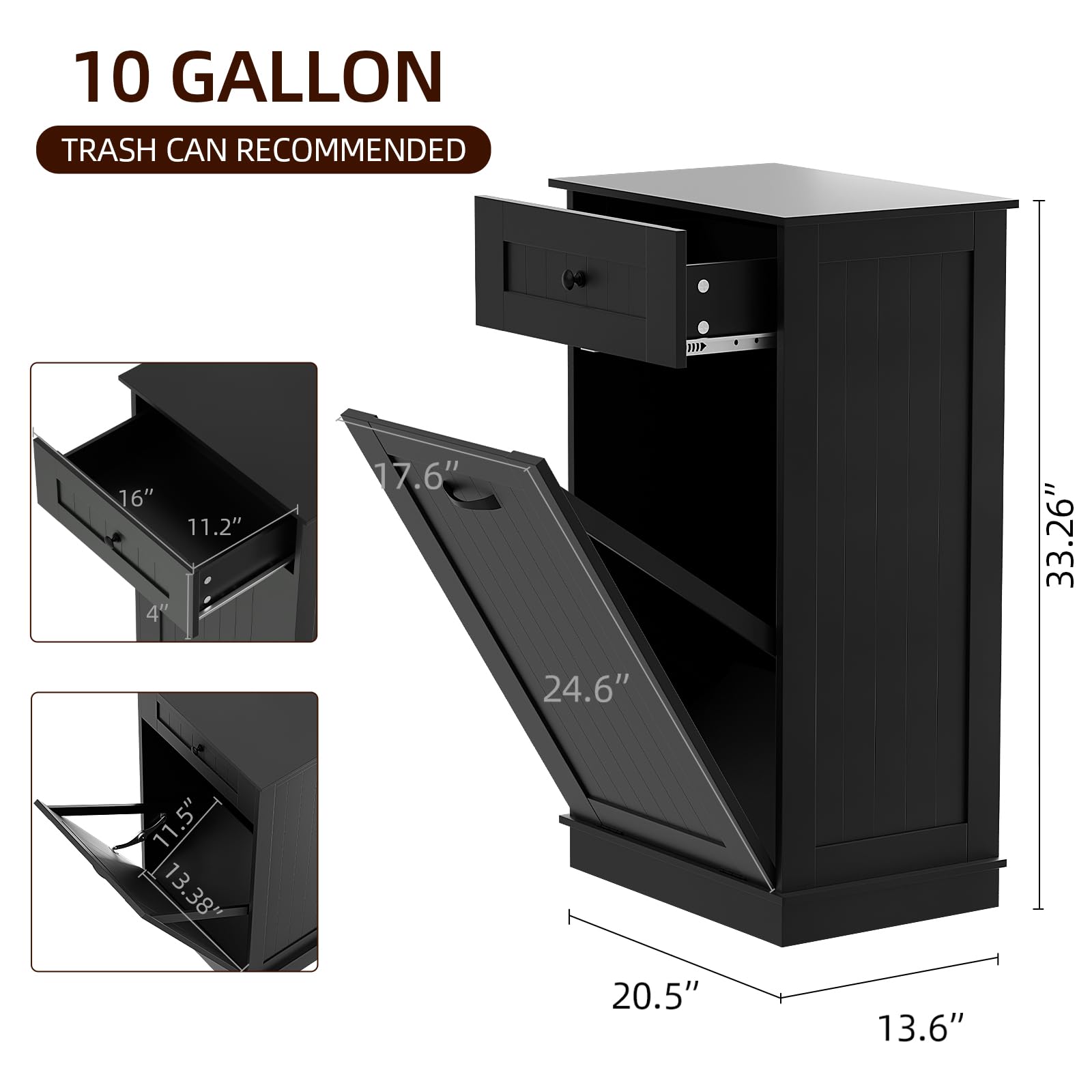 Wooden Tilt-Out Trash Cabinet - Dog Proof Garbage Can Holder with Laundry Hamper - Kitchen Island Organizer in Black - Perfect for Pet Owners & Small Space Kitchens