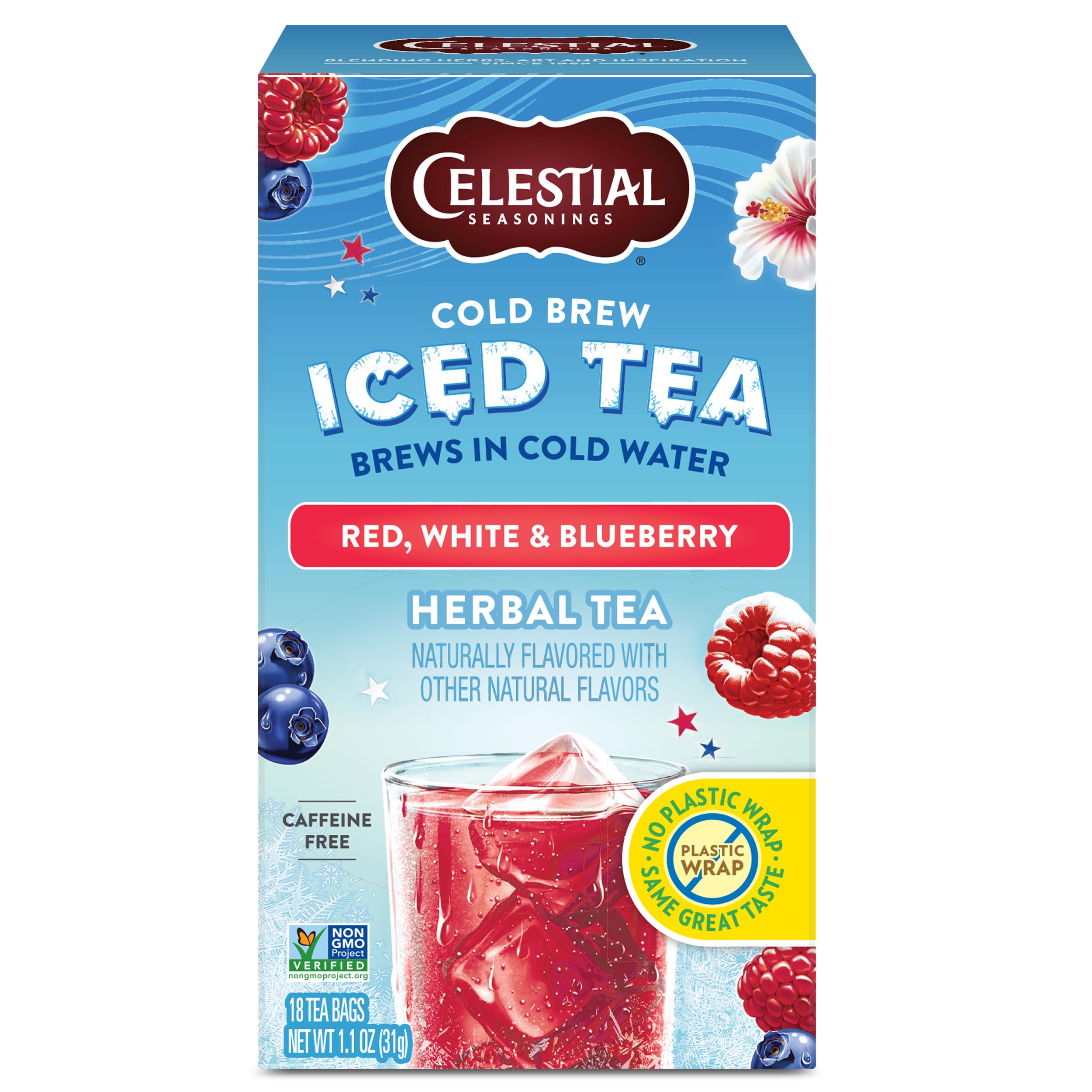 Celestial Seasonings Cold Brew Red, White & Blueberry Iced Tea Bags - 18 Count | Naturally Flavored Herbal Tea for Summer Refreshment | Perfect for Picnics, BBQs & Outdoor Activities