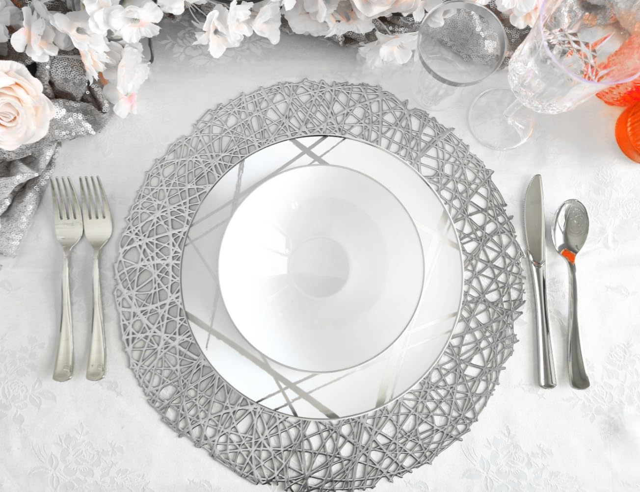 120-Piece Metallic Vinyl Placemats Set - Elegant Pressed Silver Table Mats for Weddings, Parties & Special Occasions - Perfect for Summer Celebrations & Dining Decor