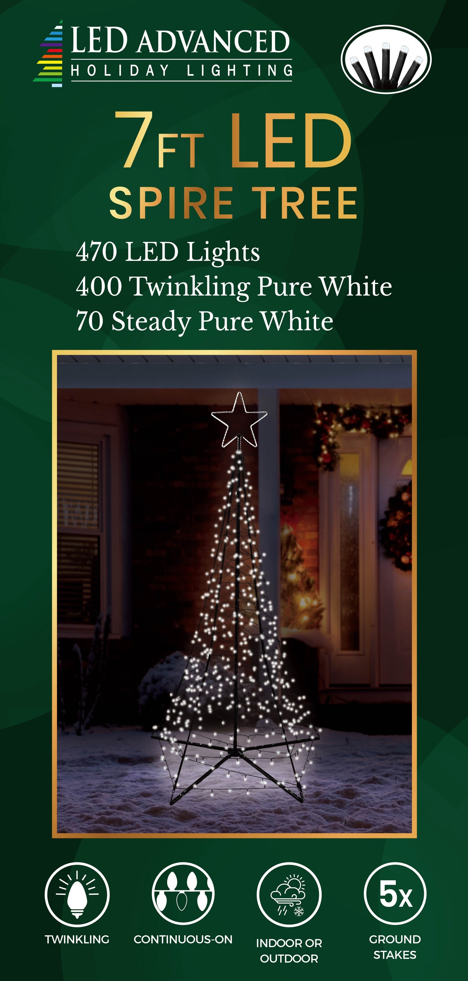 7' LED Spire Tree with Star - Outdoor Solar Powered Christmas Yard Decoration for Garden, Lawn, and Patio Holiday Lighting