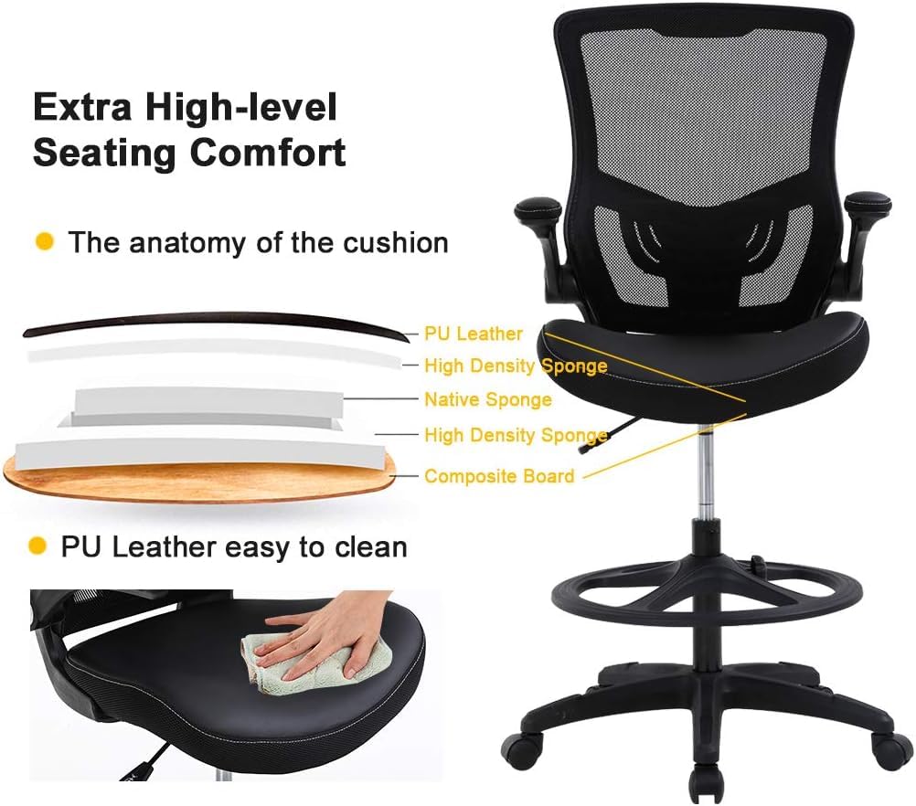 Ergonomic Drafting Chair with Flip-Up Arms, Foot Rest & Adjustable Height - Mesh Office Chair for Standing Desk - Black - Perfect for Architects, Artists & Home Office Workspaces