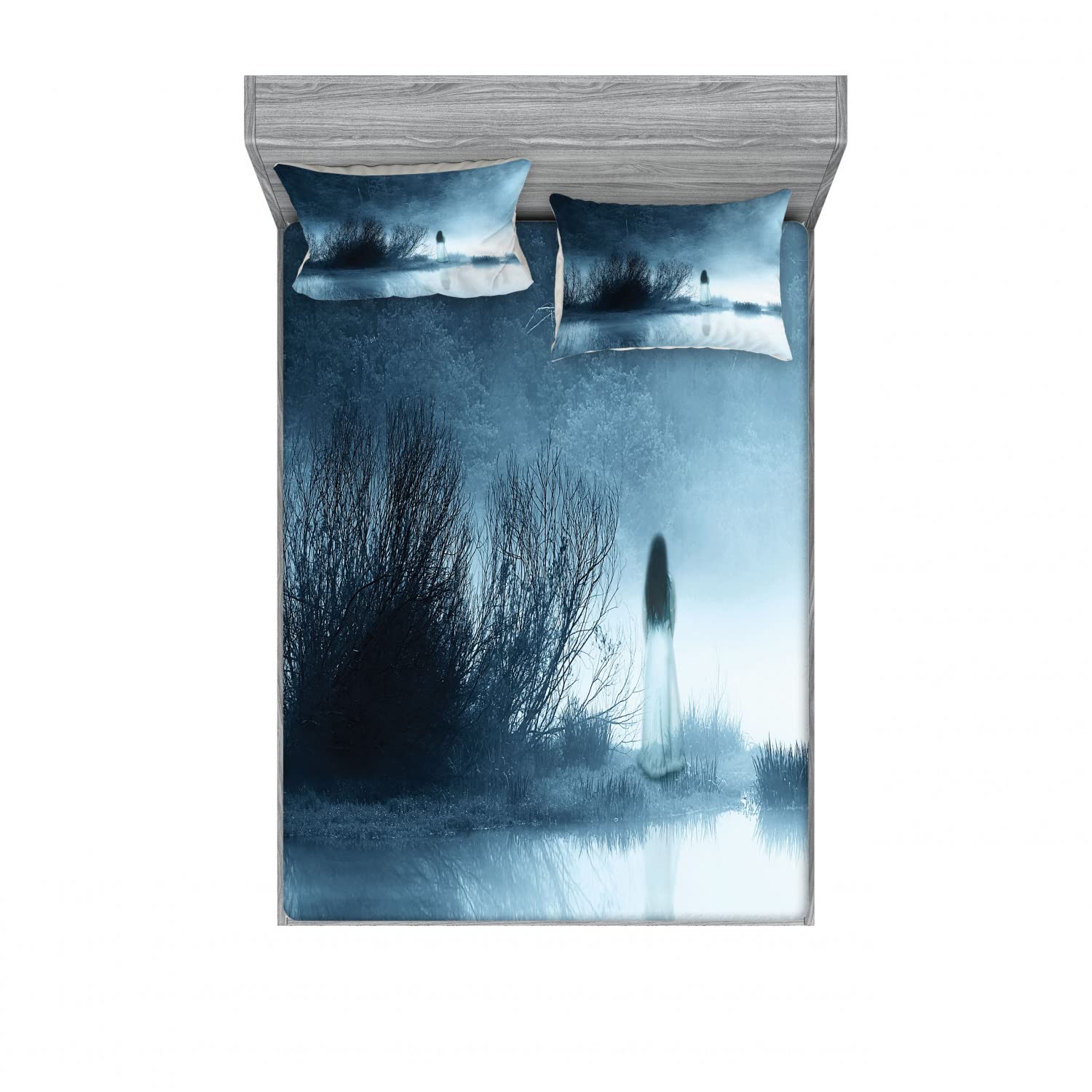 Ambesonne 2-Pack Horror House Fitted Sheet & Pillow Sham Set - Fog Forest Night Design, 4-Piece Full Size Bedding Set (2 Fitted Sheets + 4 Pillow Covers) in Blue - Perfect for Halloween Decor, Themed Bedrooms & Horror Movie Nights