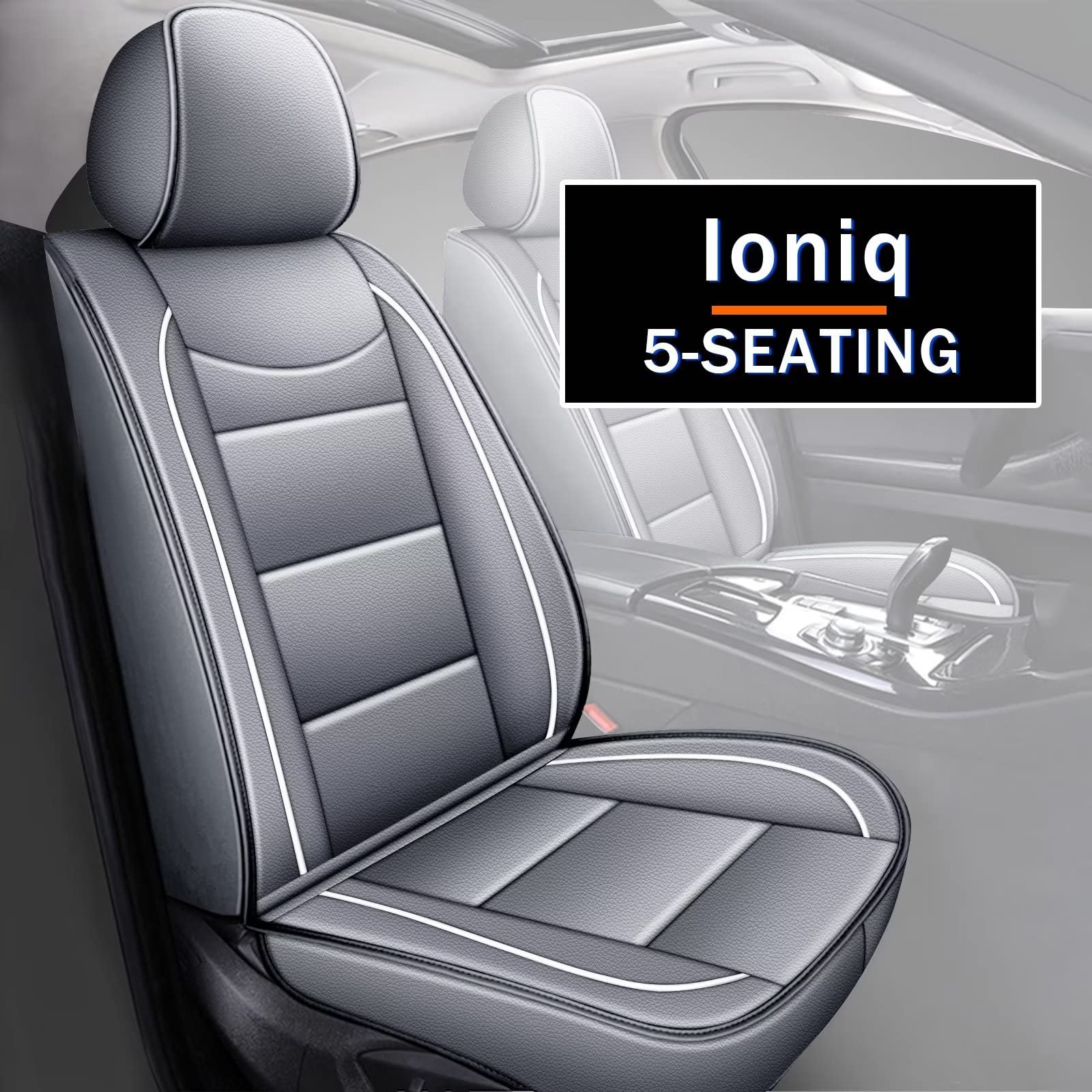 Premium Leather Seat Covers for Hyundai Ioniq 2017-2022 - Full Set 5-Seat Airbag Compatible Car Seat Protectors - Breathable & Comfortable Grey Auto Interior Accessories - Perfect for Daily Commute, Road Trips & Family Protection