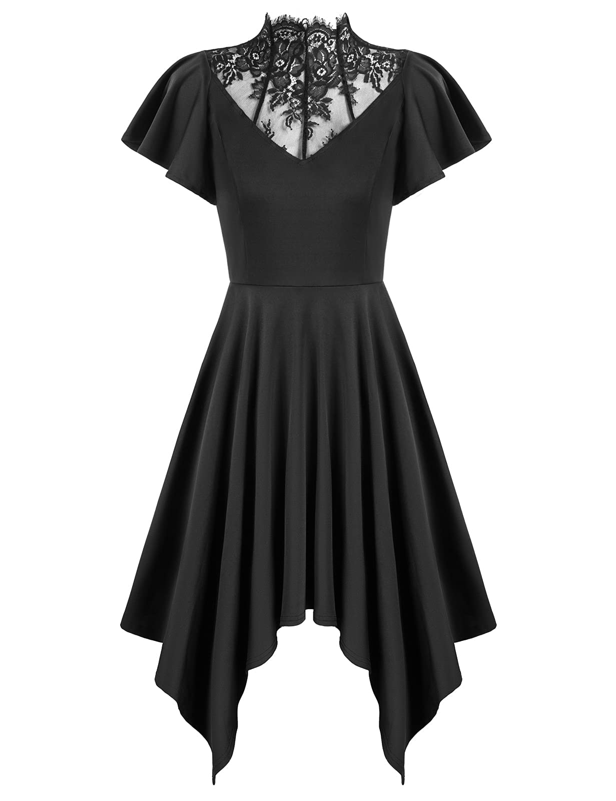 Scarlet Darkness Women's Gothic Black Lace Neckline Vintage Party Dress - Elegant Gothic Fashion for Halloween, Cosplay & Night Out