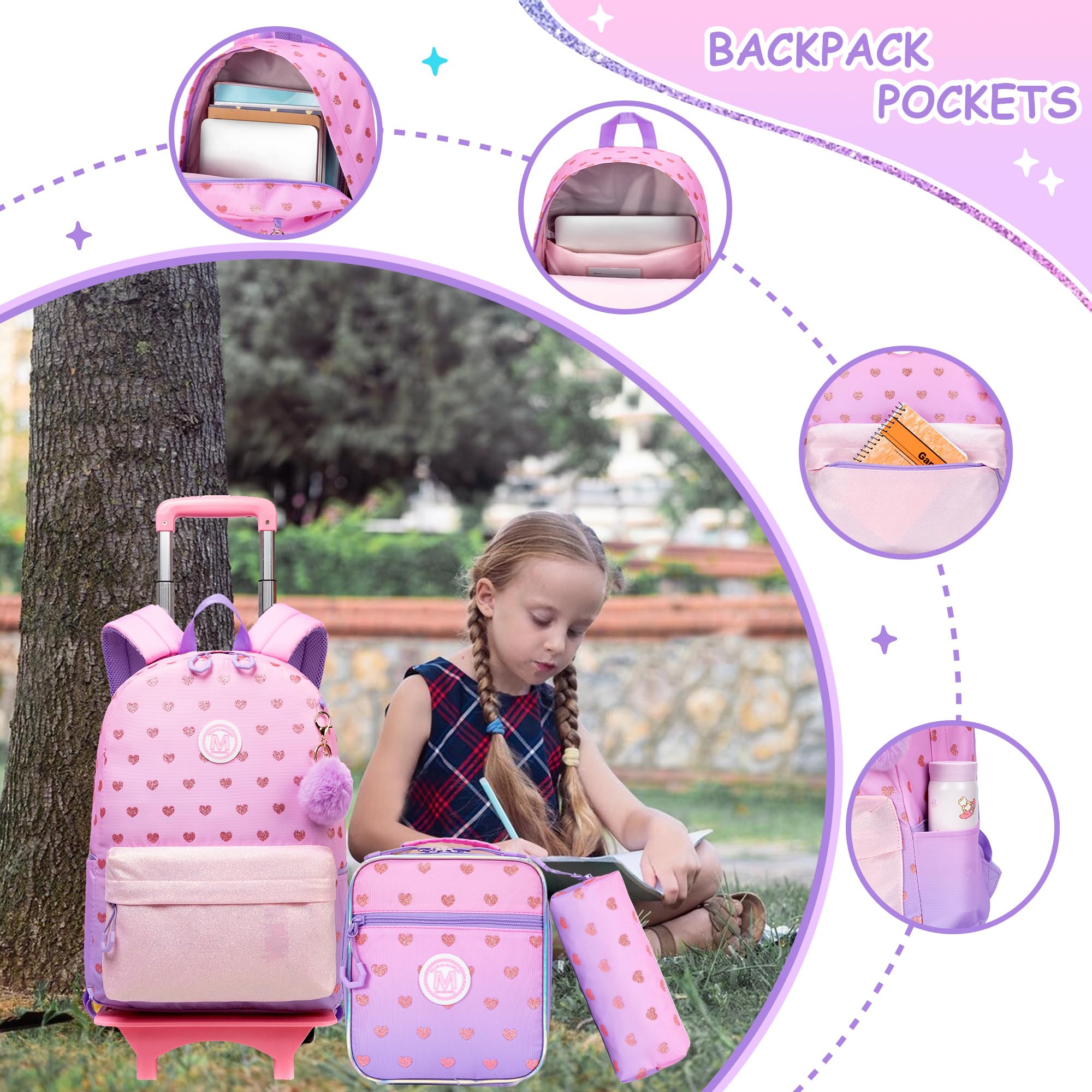 Meetbelify Rolling Backpack for Girls - Wheeled School Backpack for Elementary & Teen Students, Travel Carry-On Luggage Suitcase (Ages 8-10) - Perfect for School, Travel & Daily Commute