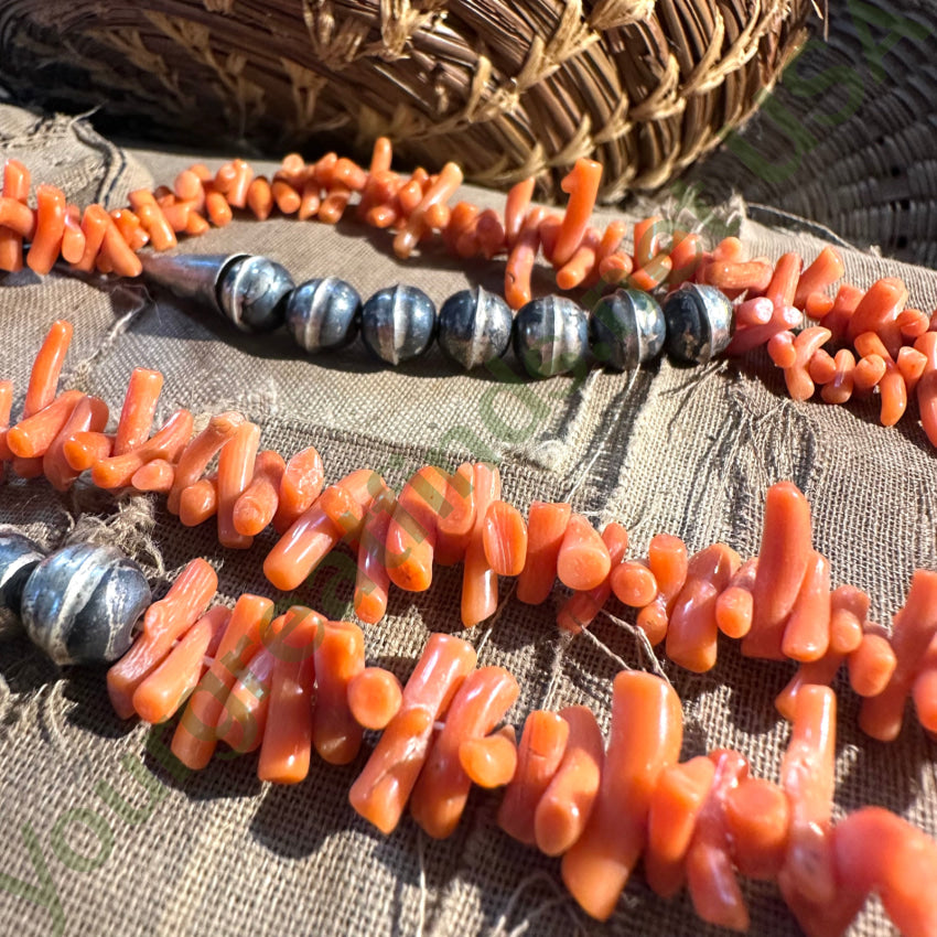 Vintage Navajo Branch Coral Sterling Silver Hogan Bead Necklace | Handmade Native American Jewelry | Perfect for Boho Fashion, Wedding Accessories & Gift Giving