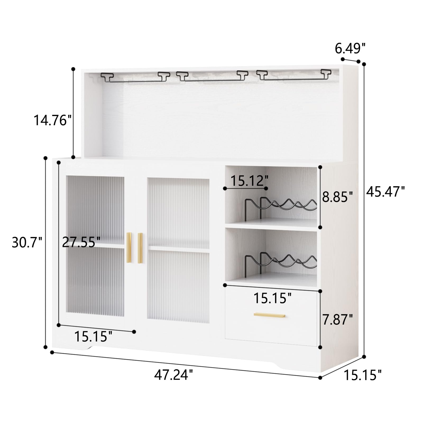 Modern White Large Wine Bar Cabinet with LED Lights, Wine & Glass Rack - Kitchen Coffee Bar Storage Buffet Sideboard with Drawers for Dining Room, Living Room & Home Entertaining