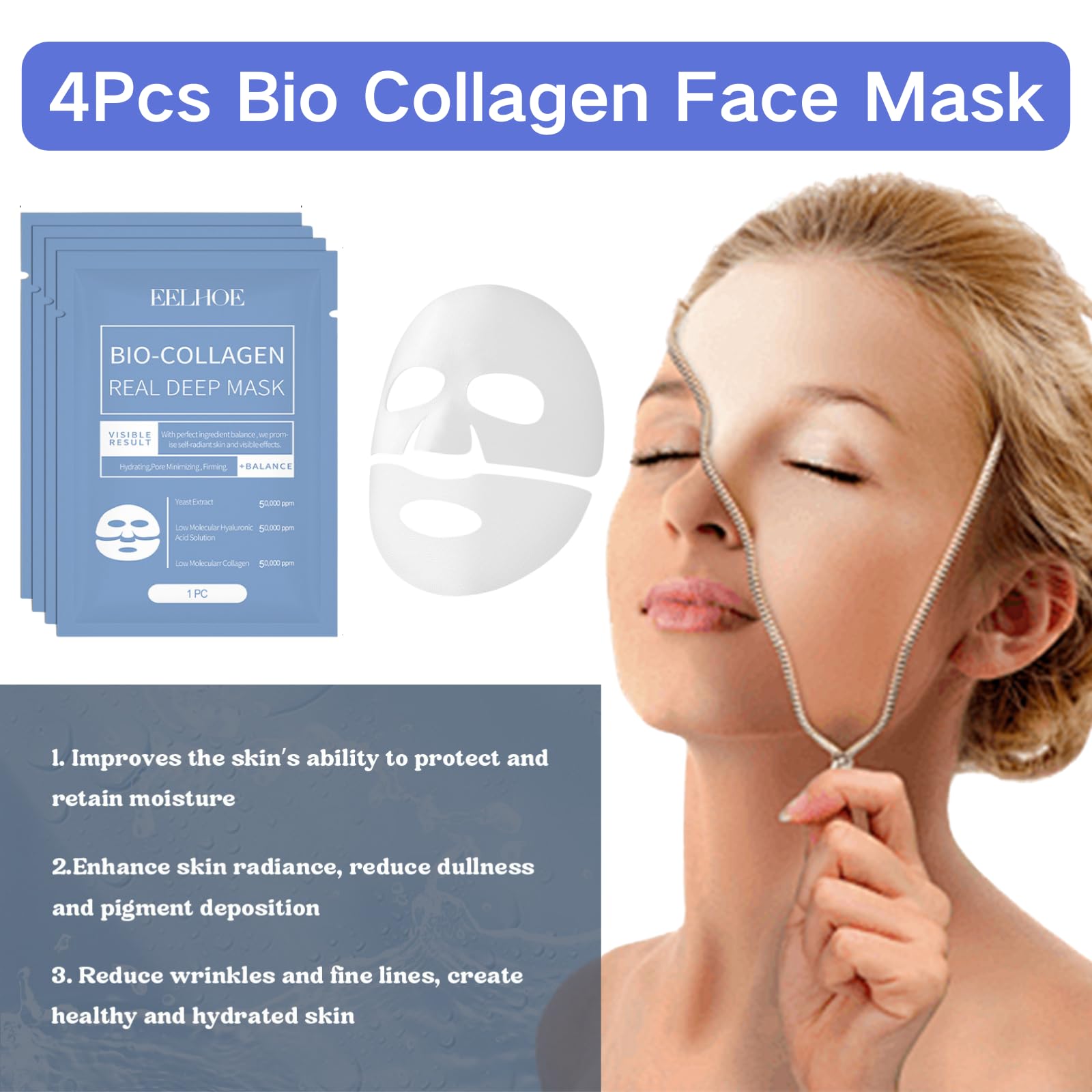 4PCS Bio Collagen Face Mask for Hydration & Anti-Aging - Korean Glass Skin Treatment, Deep Moisturizing Sheet Mask for Glowing Skin - Perfect for Night Routine, Spa Days & Self-Care
