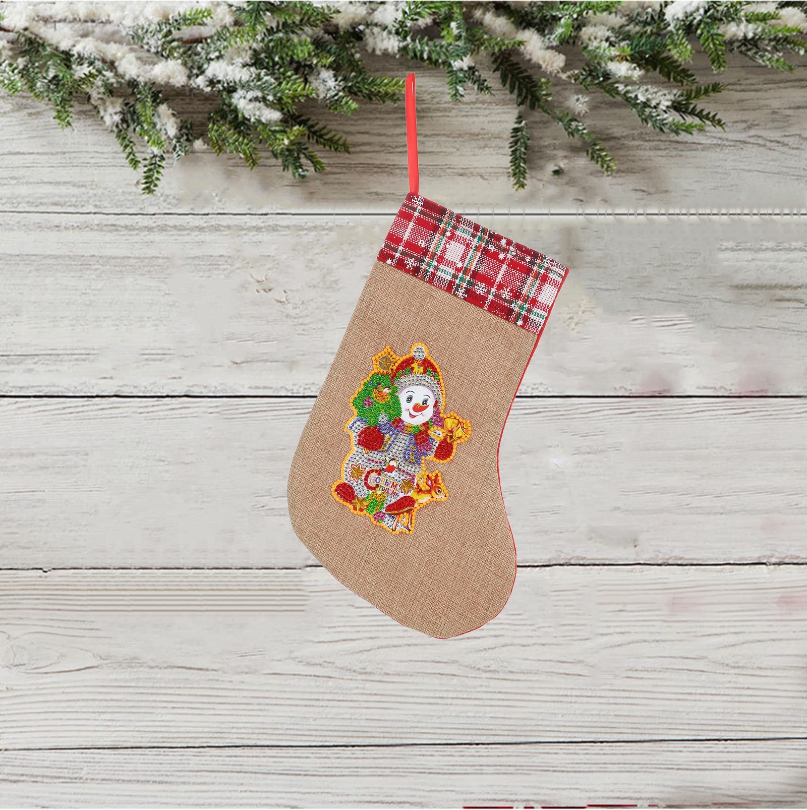 LUSandy DIY 5D Diamond Painting Kit - Christmas Stockings 12.2 Inch with Snowman and Elk Design, Luminous Diamond Art Candy Bag for Xmas Fireplace Hanging, Perfect for Family Holiday Decorations, Christmas Party, Home Decor and Gift Giving