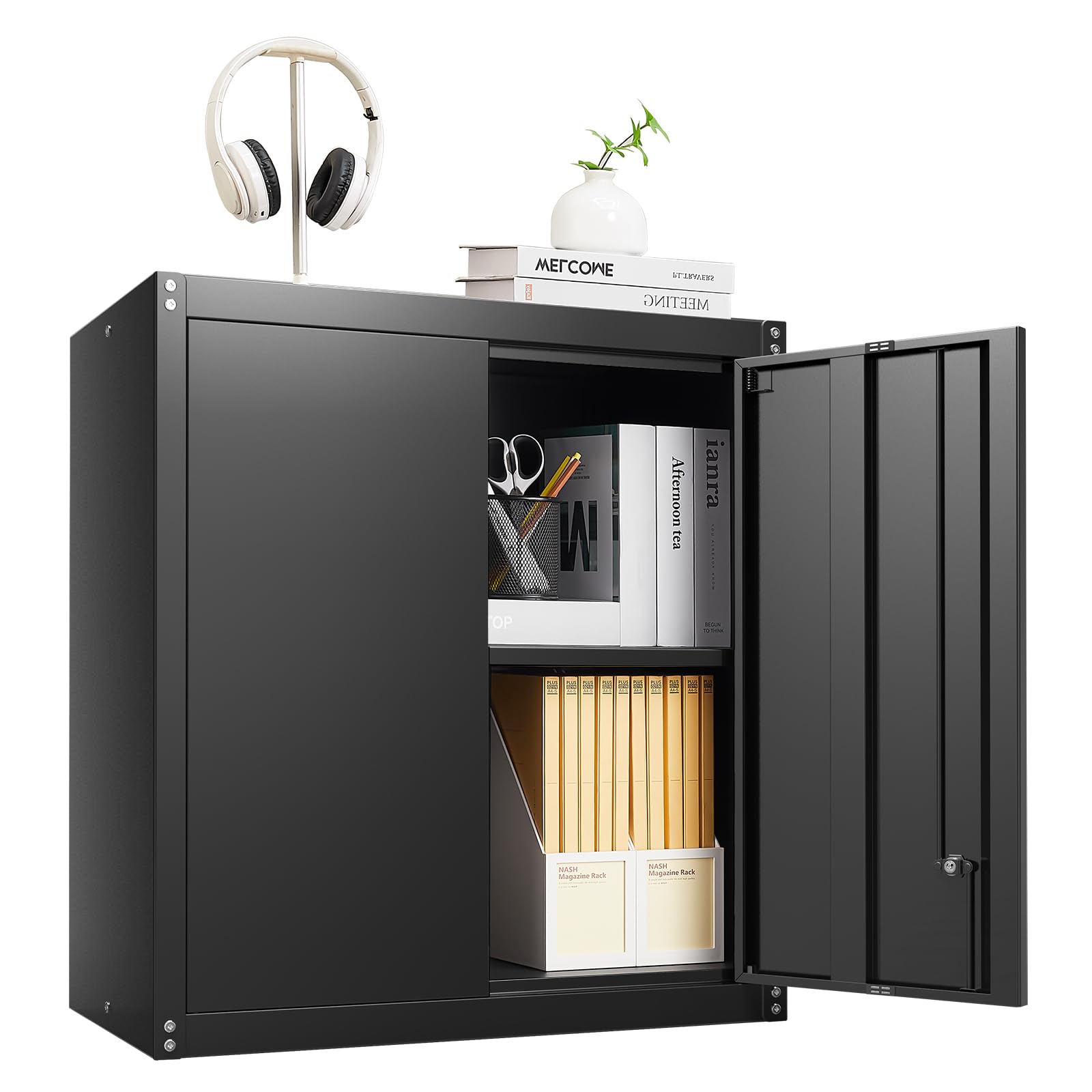Black Metal Wall Storage Cabinet with Lock - Steel Garage Hanging Organizer for Home, Office & Kitchen - Space-Saving Wall Mounted Cabinet for Tools, Supplies & Pantry Items
