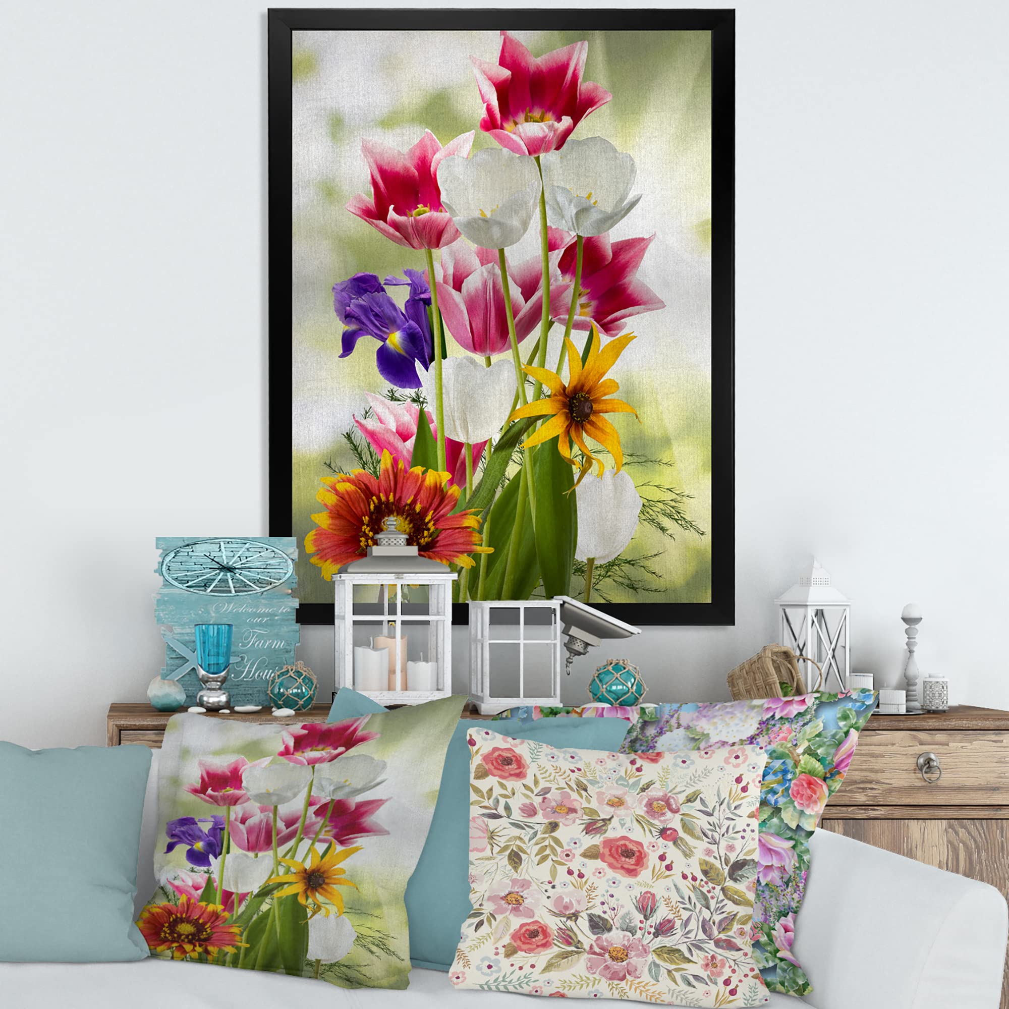 Vibrant Red Purple & Yellow Wildflowers Traditional Framed Wall Art - Floral Home Decor for Living Room, Bedroom & Office