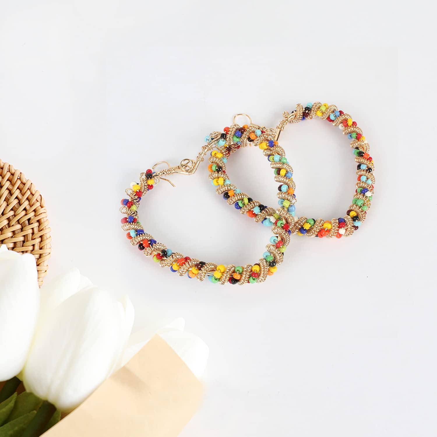 Handmade Boho Colorful Love Heart Beaded Hoop Earrings for Women - Bohemian Circle Round Beaded Dangle Drop Earrings, Unique Chic Oval Geometry Jewelry - Perfect for Festival, Wedding, Party & Funny Gift Giving