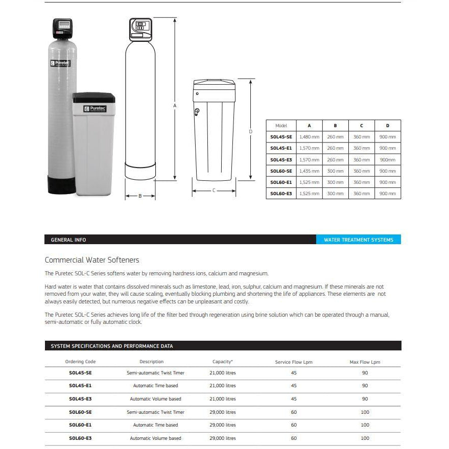 Puretec SOL C Commercial Water Softener System - High Efficiency Salt-Based Water Softener for Hard Water Treatment | Ideal for Restaurants, Hotels, and Large Homes