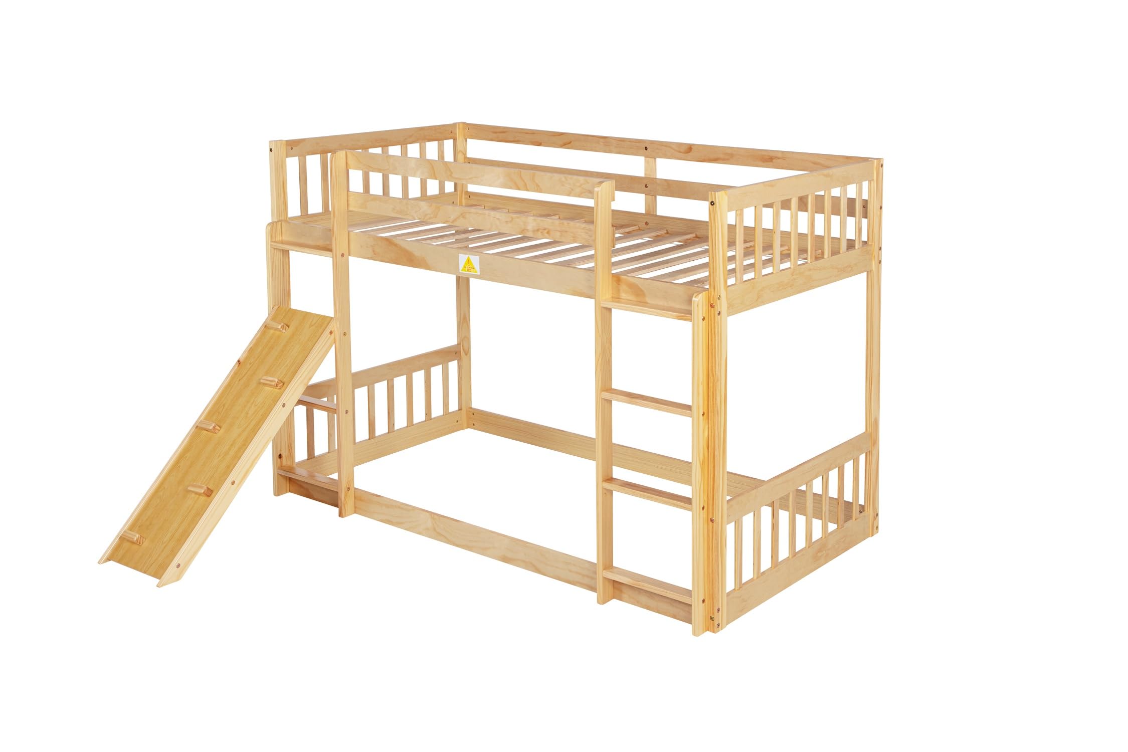 Harper & Bright Designs Twin Over Twin Bunk Bed with Climbing Ramp & Ladder - Safe Playhouse Floor Bunk Bed for Kids with Sturdy Guardrails - Natural Wood Finish - Perfect for Small Bedrooms, Shared Kids' Rooms & Sleepovers