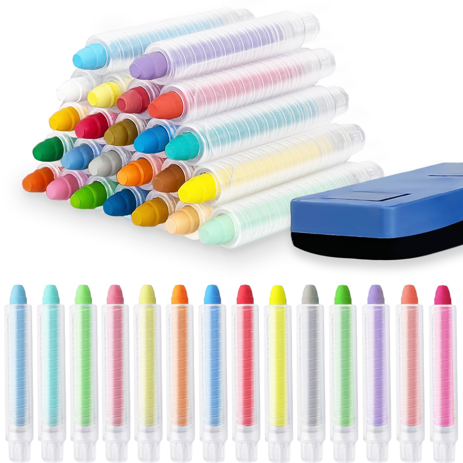 24Pcs Dustless Chalk for Kids - Non-Toxic Colored Sidewalk Chalk Set with Holder & Eraser, 24 Vibrant Colors, Washable & Safe for Toddlers - Perfect for Blackboard Drawing, Outdoor Art Play, Classroom Activities & Sidewalk Games