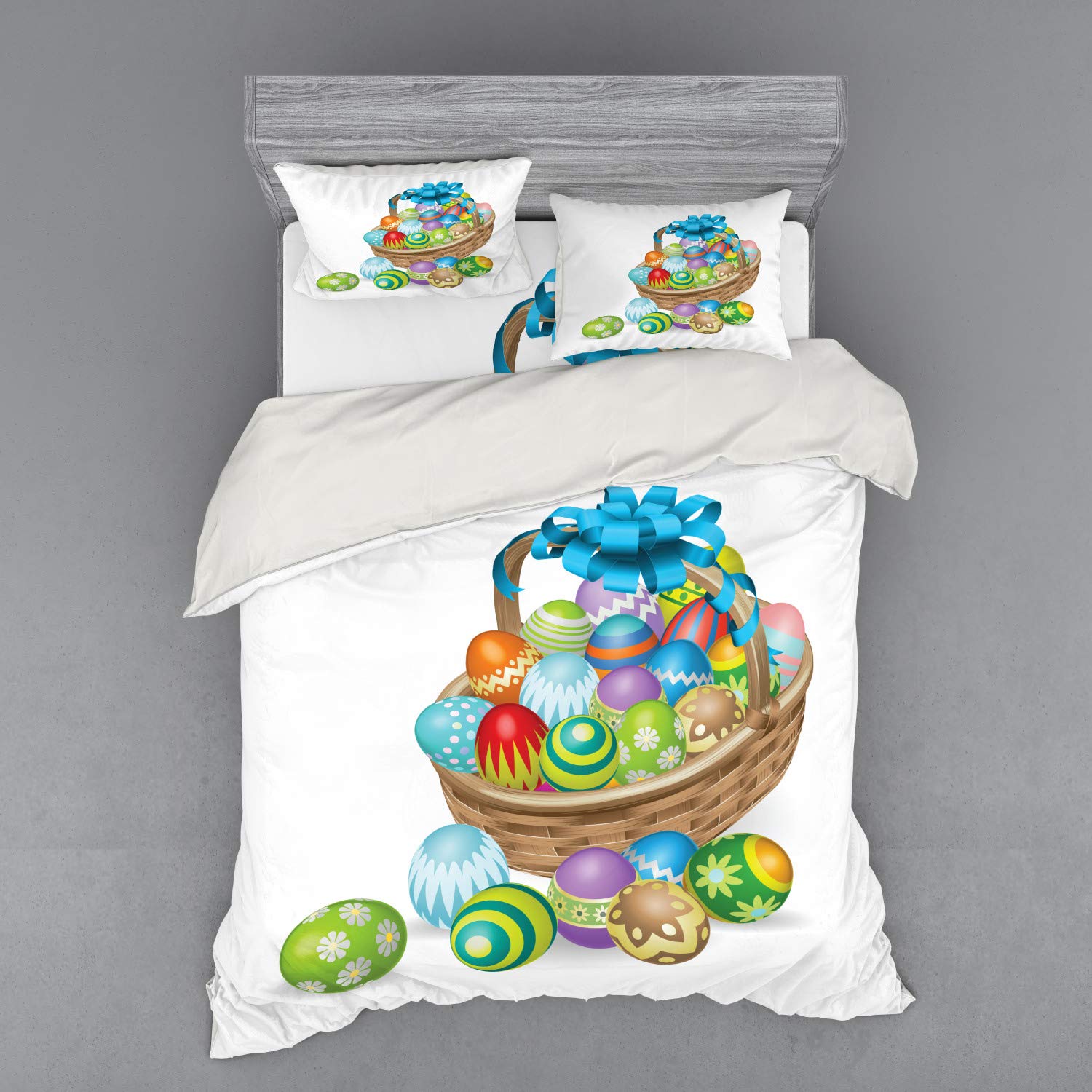 Ambesonne Easter Bedding Set - 4 Piece Duvet Cover Set with Shams & Fitted Sheet, Queen Size, Multicolor Spring Floral Design with Colorful Eggs & Blue Ribbon | Perfect for Easter Decor, Spring Bedroom Refresh & Holiday Home Styling
