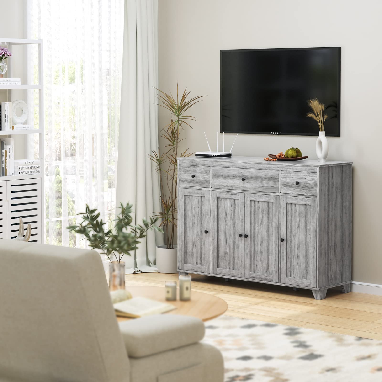 Rustic Farmhouse Buffet Cabinet with 3 Drawers & 4 Doors - 47