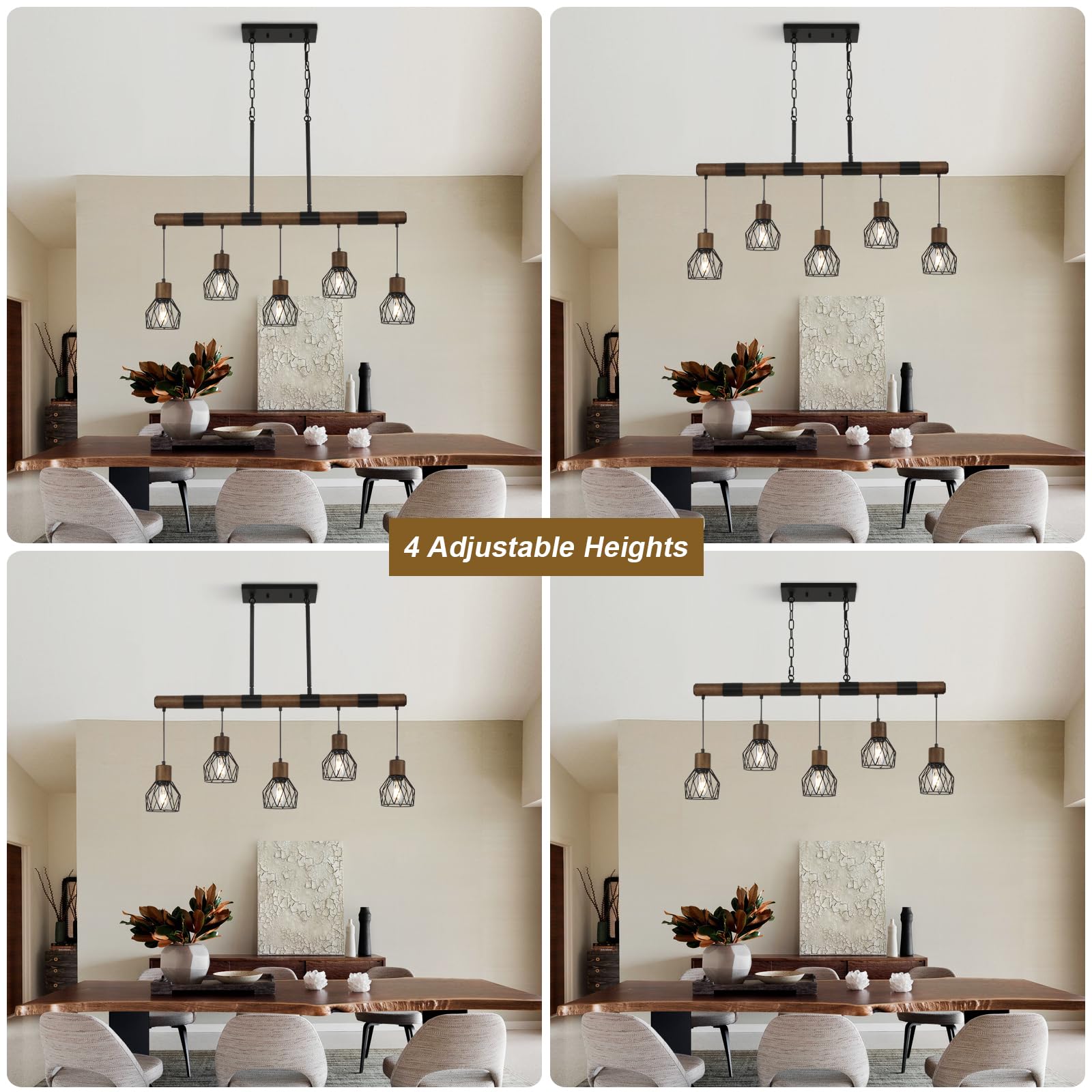 5-Light Kitchen Island Lighting Fixture - Farmhouse Linear Chandelier for Dining Room - Matte Black Rustic Wood Ceiling Pendant with Metal Lampshade - Perfect for Kitchen Islands, Dining Tables, and Farmhouse-Style Decor