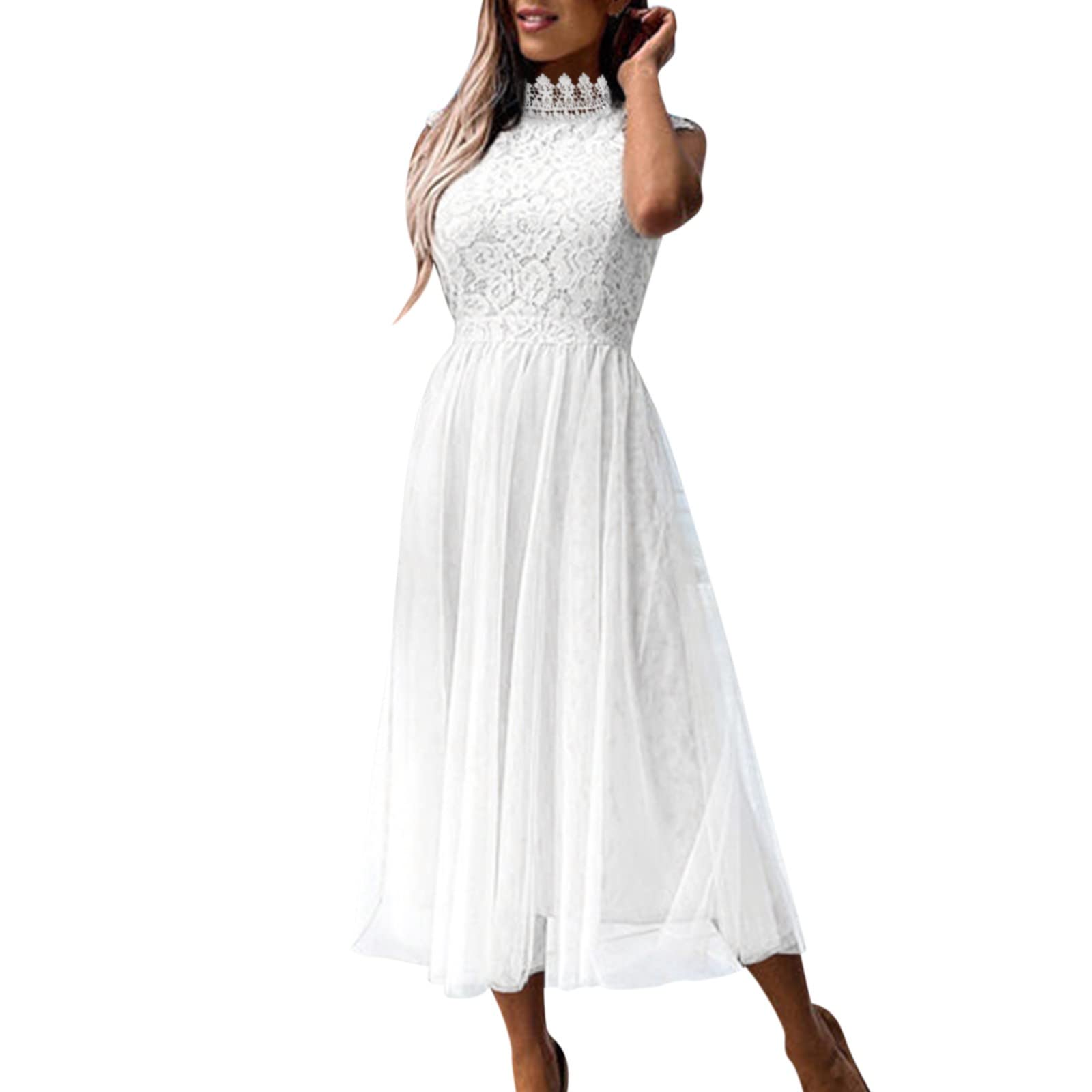 Elegant Floral Lace Midi Dress for Women - A-Line Sleeveless O-Neck Formal Sundress for Wedding Guest, Evening Party & Special Occasions