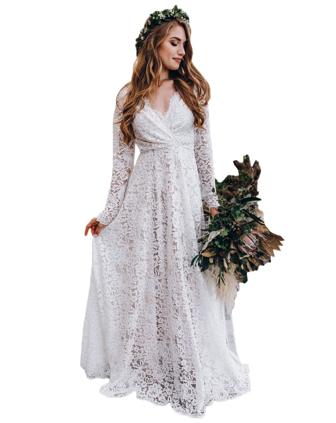 Elegant A-Line V-Neck Tulle Lace Backless Boho Wedding Dress for Women | Tsbridal Bridal Gowns | Perfect for Beach, Garden & Boho Chic Weddings