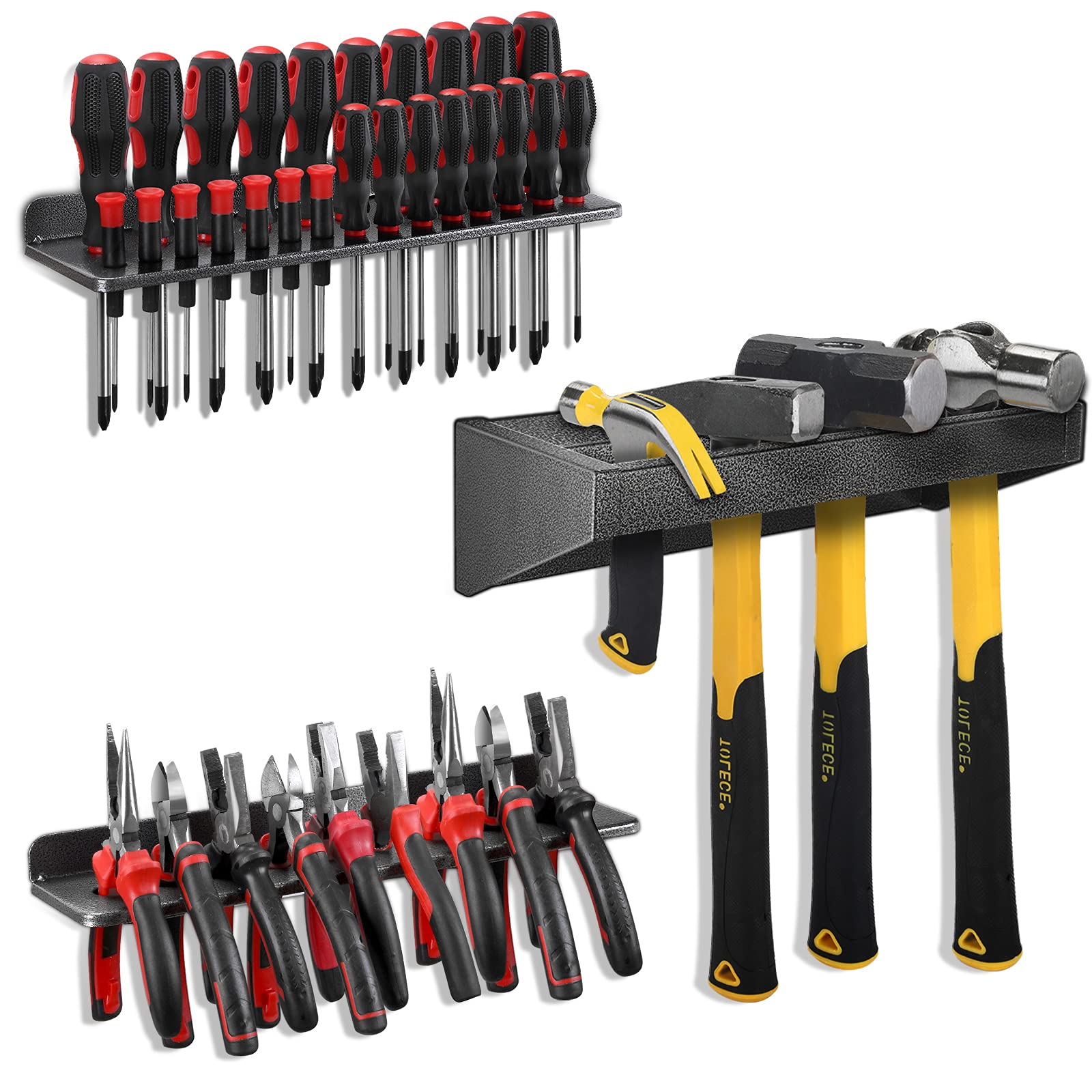 Metal Screwdriver Organizer & Hammer Rack Set - Wall Mounted Tool Holder for Workshop, Workbench - 3-Piece Pliers & Tool Organizer for DIY, Garage, Home Improvement Projects