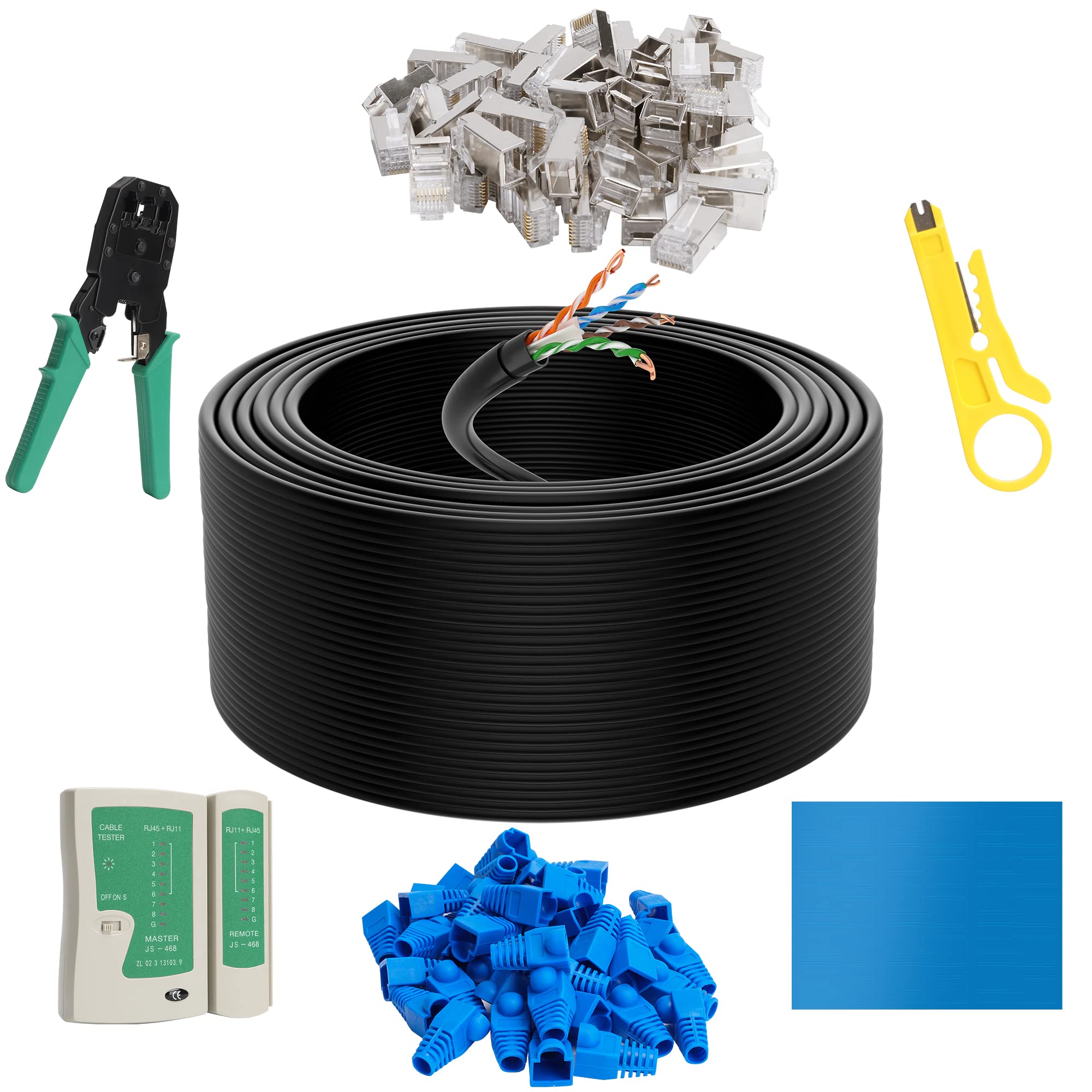 500 FT Cat6 Outdoor Ethernet Cable with Tool Kit - Heavy Duty Waterproof Network Cable for Direct Burial, In-Wall, POE - Supports Cat6/Cat5e/Cat5, UTP, CCA - PVC & LLDPE UV Double Jackets - Perfect for Home Networking, Security Cameras, and Outdoor Installations