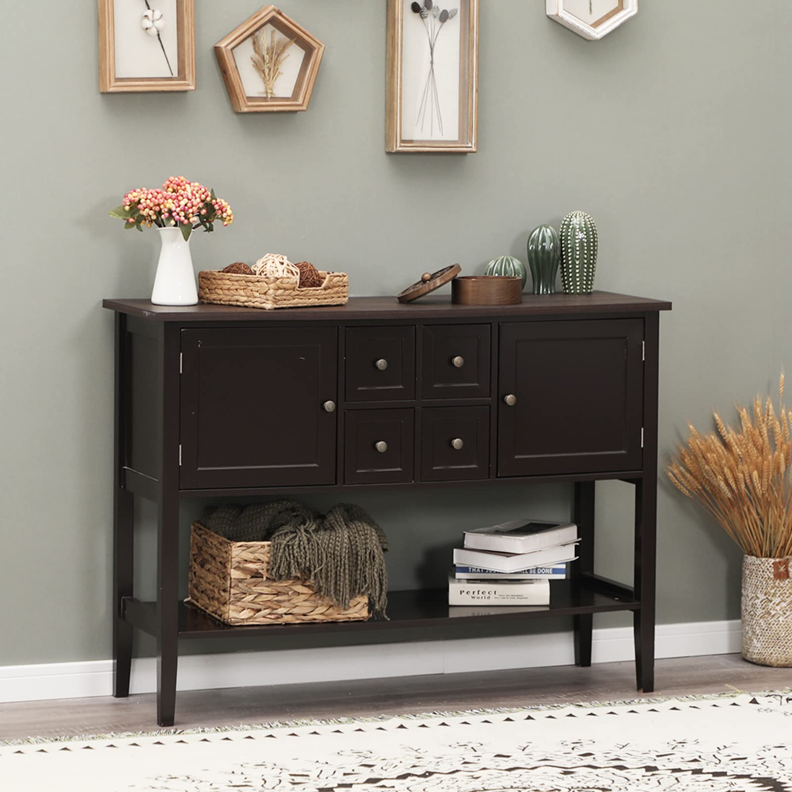Sophia & William Wooden Sideboard Buffet Cabinet with 2 Doors, 4 Drawers & Open Shelf - Entryway Console Table with Storage for Living Room, Kitchen & Dining Room - Perfect for Organizing Dishes, Linens & Home Decor