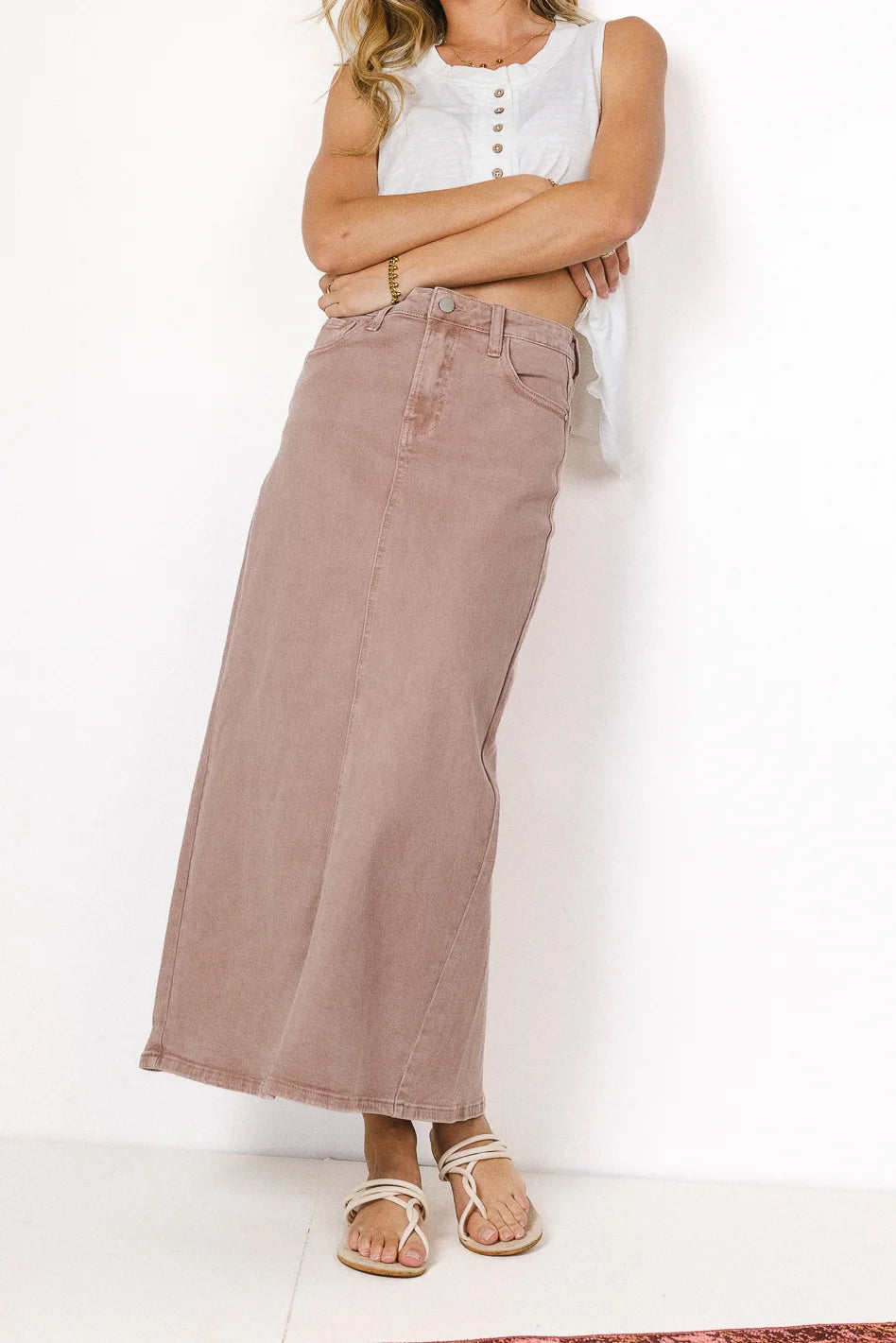 Harley Denim Midi Skirt in Mauve - Women's Vintage Style A-Line Skirt for Casual & Office Wear - FINAL SALE