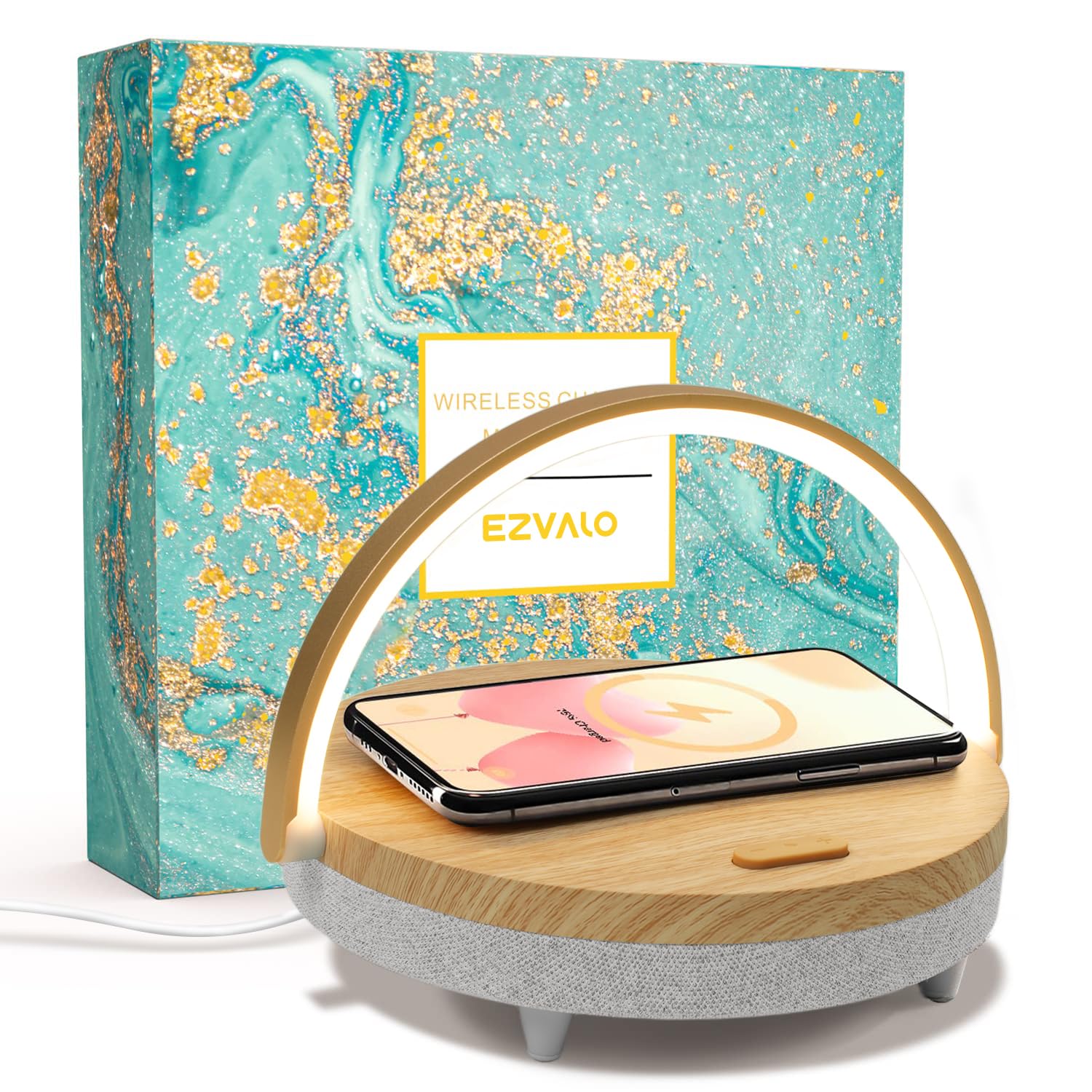 EZVALO 4-in-1 Wireless Charging Music Table Lamp with Bluetooth Speaker, Phone Holder & Dimmable LED Night Light - Perfect Birthday Gift for Women, Men, Dad, Mom - Ideal for Bedroom, Office, and Home Decor