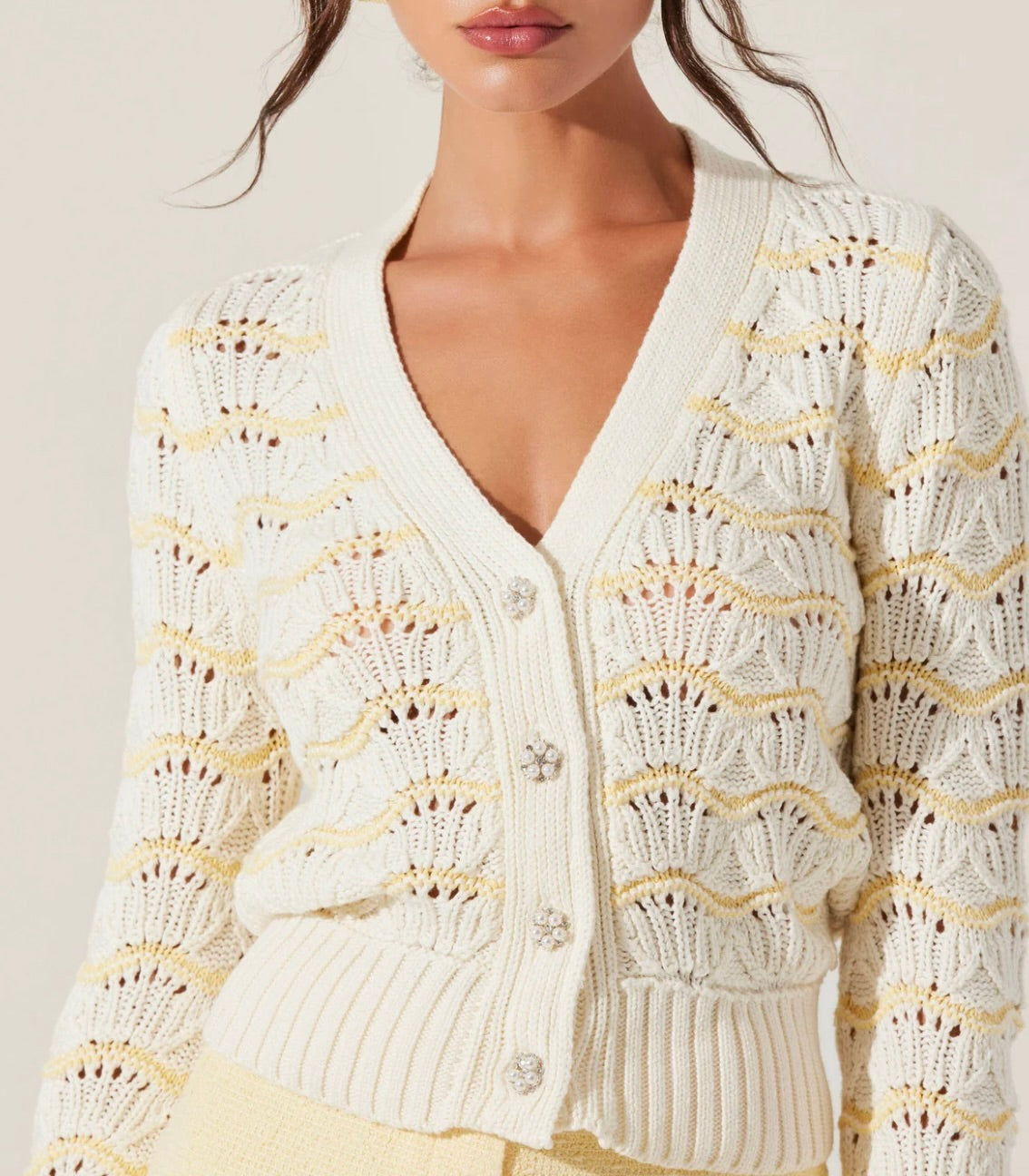 Janira Wavy Stripe Pointelle Cardigan for Women - Soft Knit Open Front Sweater - Lightweight Lace Knit Cover Up for Spring & Fall - Perfect for Office, Date Night & Casual Outings