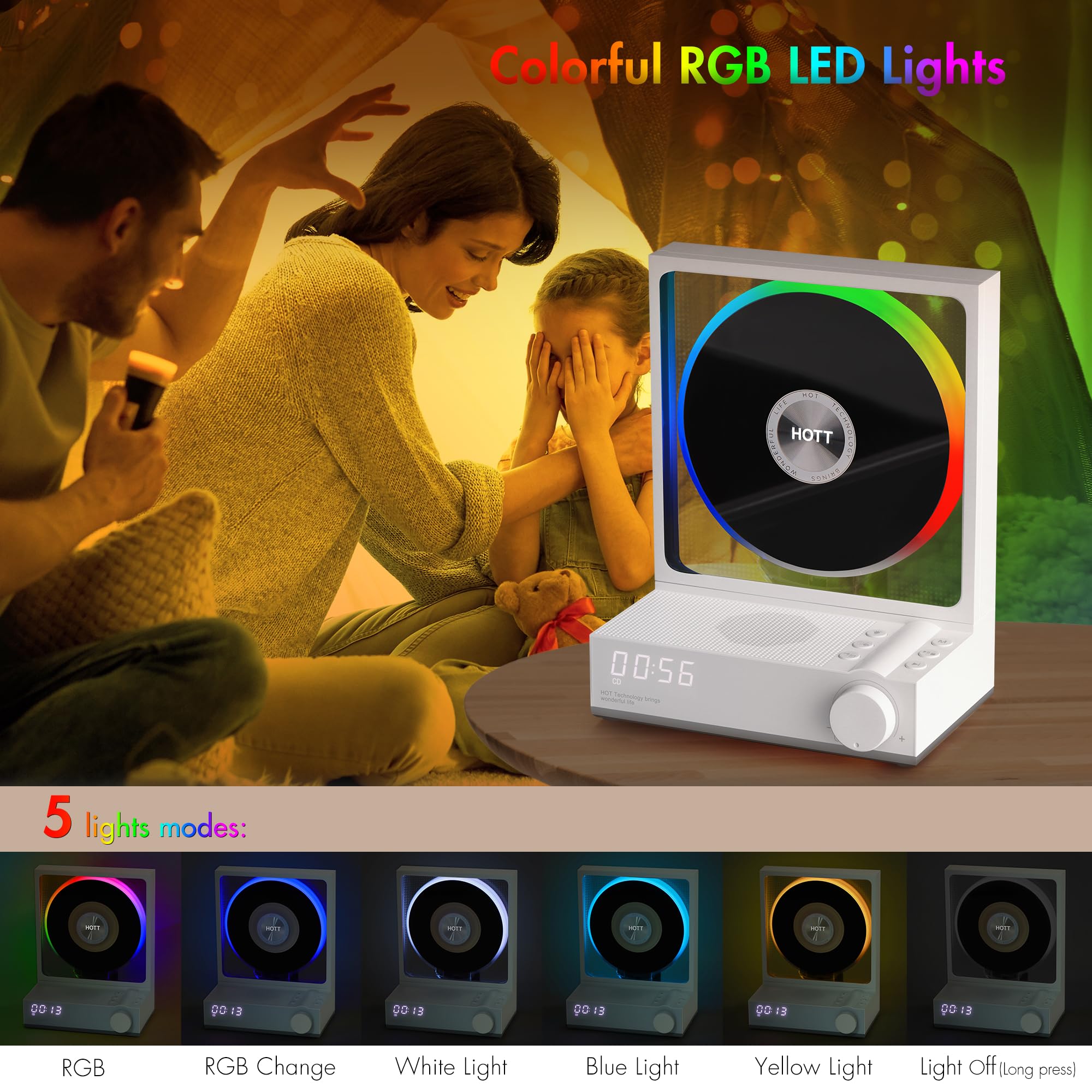 Portable Bluetooth CD Player with HiFi Stereo Sound, USB/TF Card Reader & RGB Lights - Compact Desktop CD Player for Home, Office, Dorm | Perfect for Music Lovers, Audiobooks, and Retro Music Playback