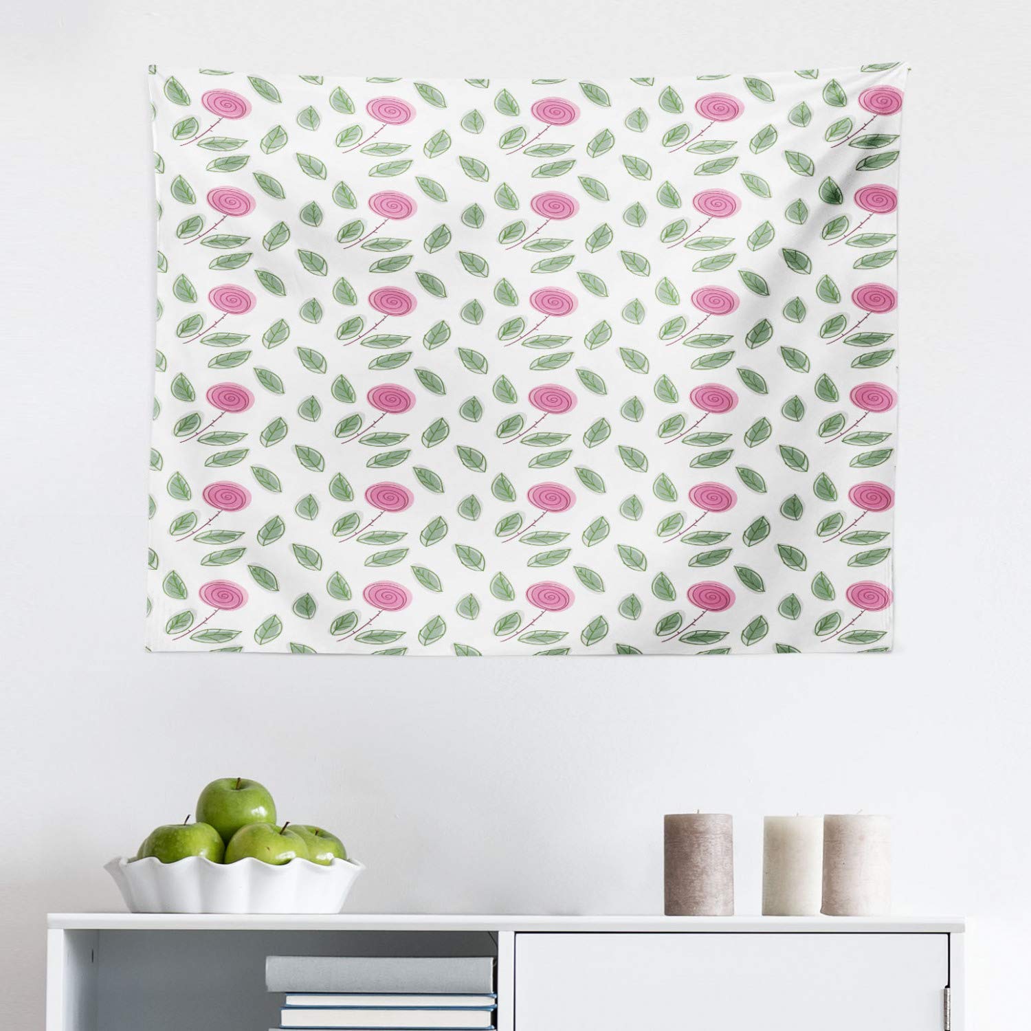 Ambesonne Rose Tapestry Wall Art - Modern Pink Rose Blossoms with Spiral Design & Green Leaves, 28x23 Inch Fabric Wall Hanging for Bedroom, Living Room, Dorm Decor - Perfect for Boho Chic Home Decor & Instagram Background (Pink, Reseda Green, White)