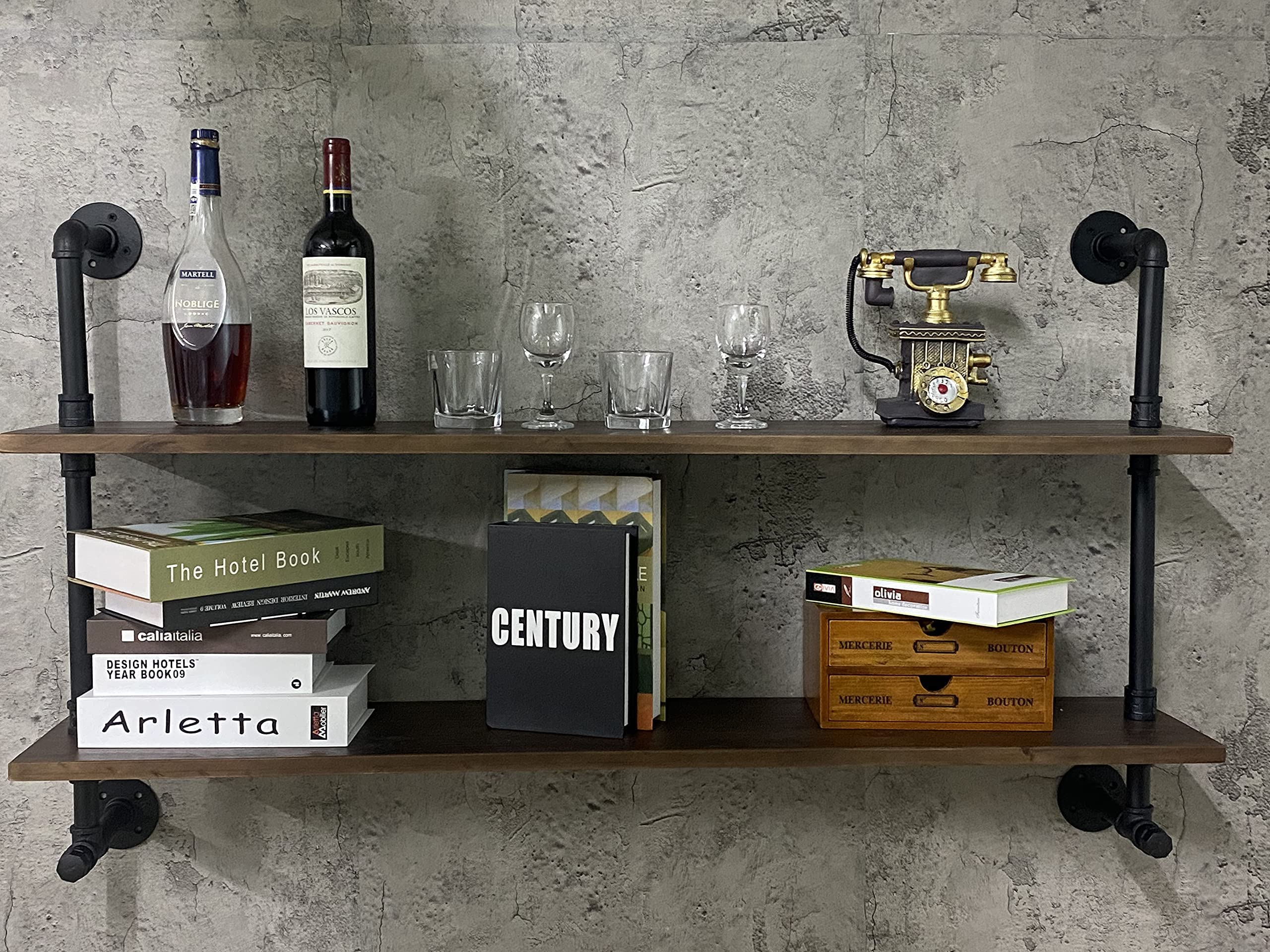 Industrial Pipe Wall Shelves with Real Wood Plank - 36 Inch Floating Shelves for Farmhouse, Kitchen & Living Room Decor - Rustic Dark Brown 2-Tier Pipe Bookcase - Perfect for Home Office, Bar Shelving & Display Storage