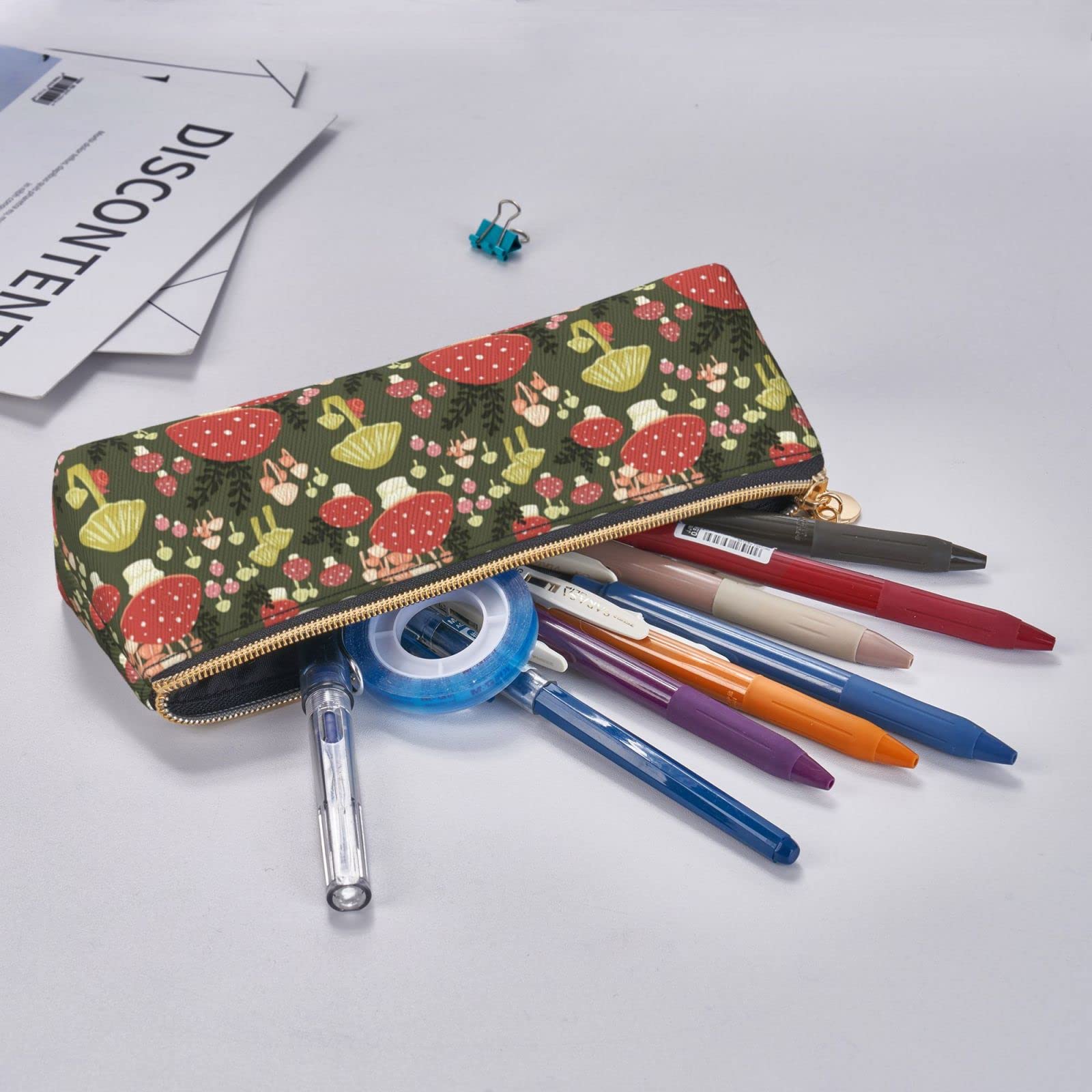Mushroom Pattern Leather Pencil Case with Zipper - Stylish Pen & Makeup Pouch for School, Office, Work or Travel - Perfect Stationery Organizer for Students & Professionals
