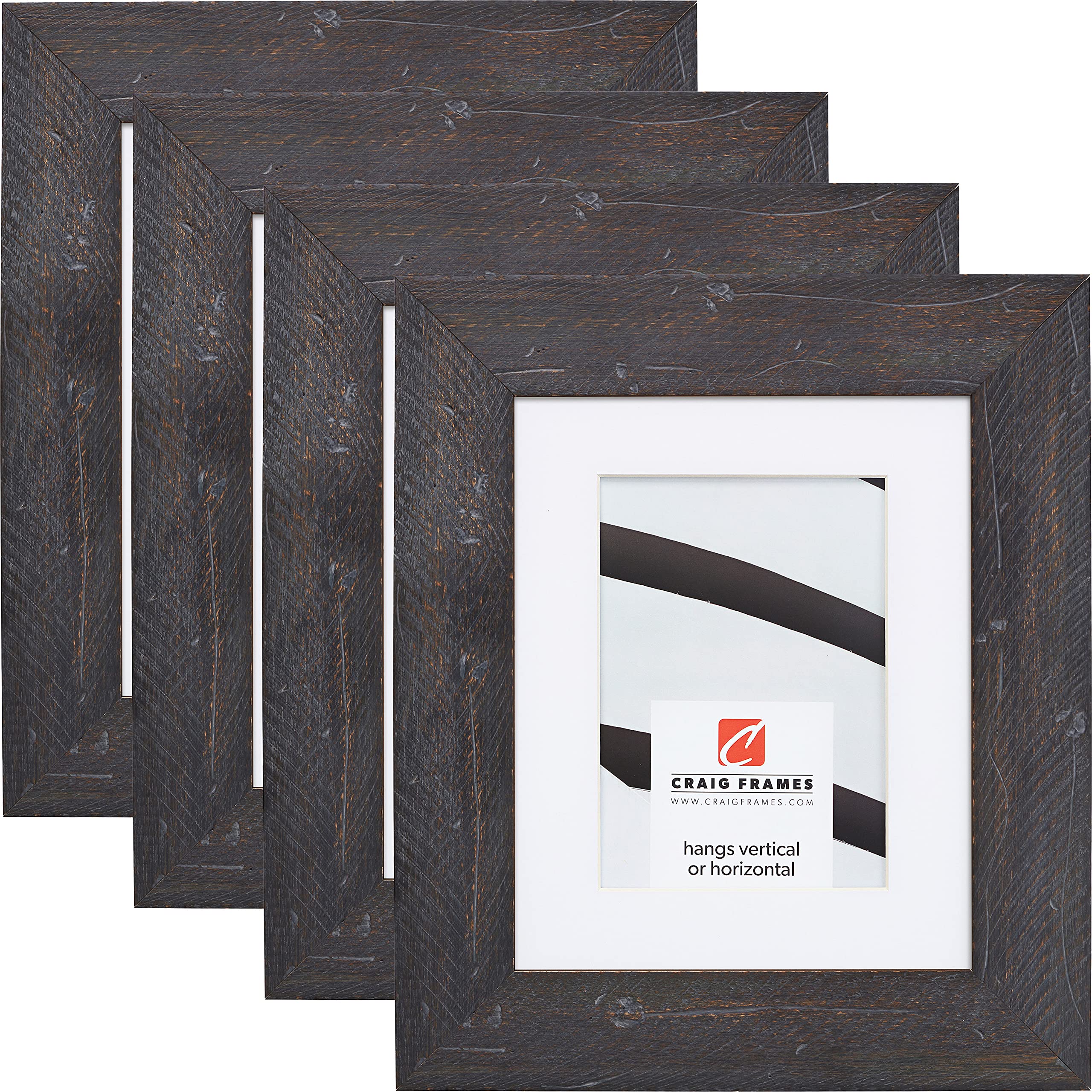 Craig Frames Hatteras - Set of 4 10x13 Inch Picture Frames with 7x10 Inch Mat, Boho Rustic Black - Perfect for Wall Gallery, Living Room Decor & Wedding Photos
