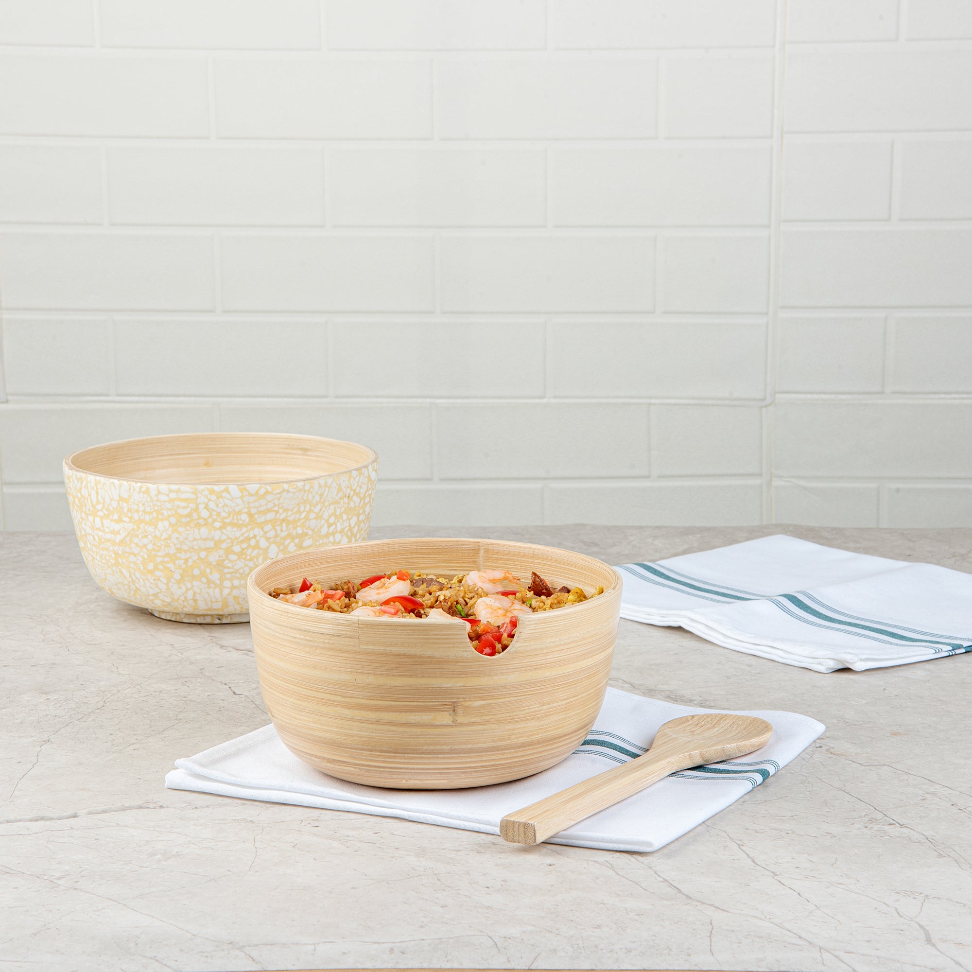 Premium 25 oz Round Bamboo Serving Bowl with Spoon - Natural Eco-Friendly Spun Bamboo - 7.75